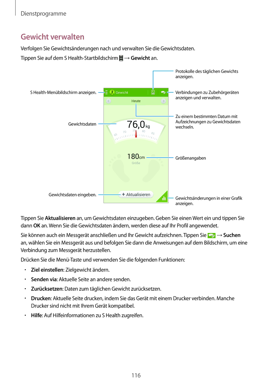 Samsung GT-I9295ZAAXEF, GT-I9295ZAAVIA, GT-I9295ZOATUR, GT-I9295ZAAITV, GT-I9295ZAADBT, GT-I9295ZAATPH manual Gewicht verwalten 