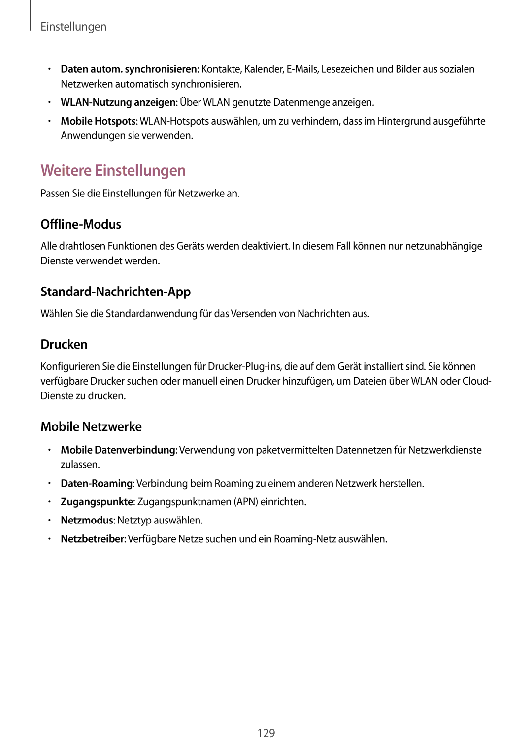Samsung GT-I9295ZAAXEF manual Weitere Einstellungen, Offline-Modus, Standard-Nachrichten-App, Drucken, Mobile Netzwerke 