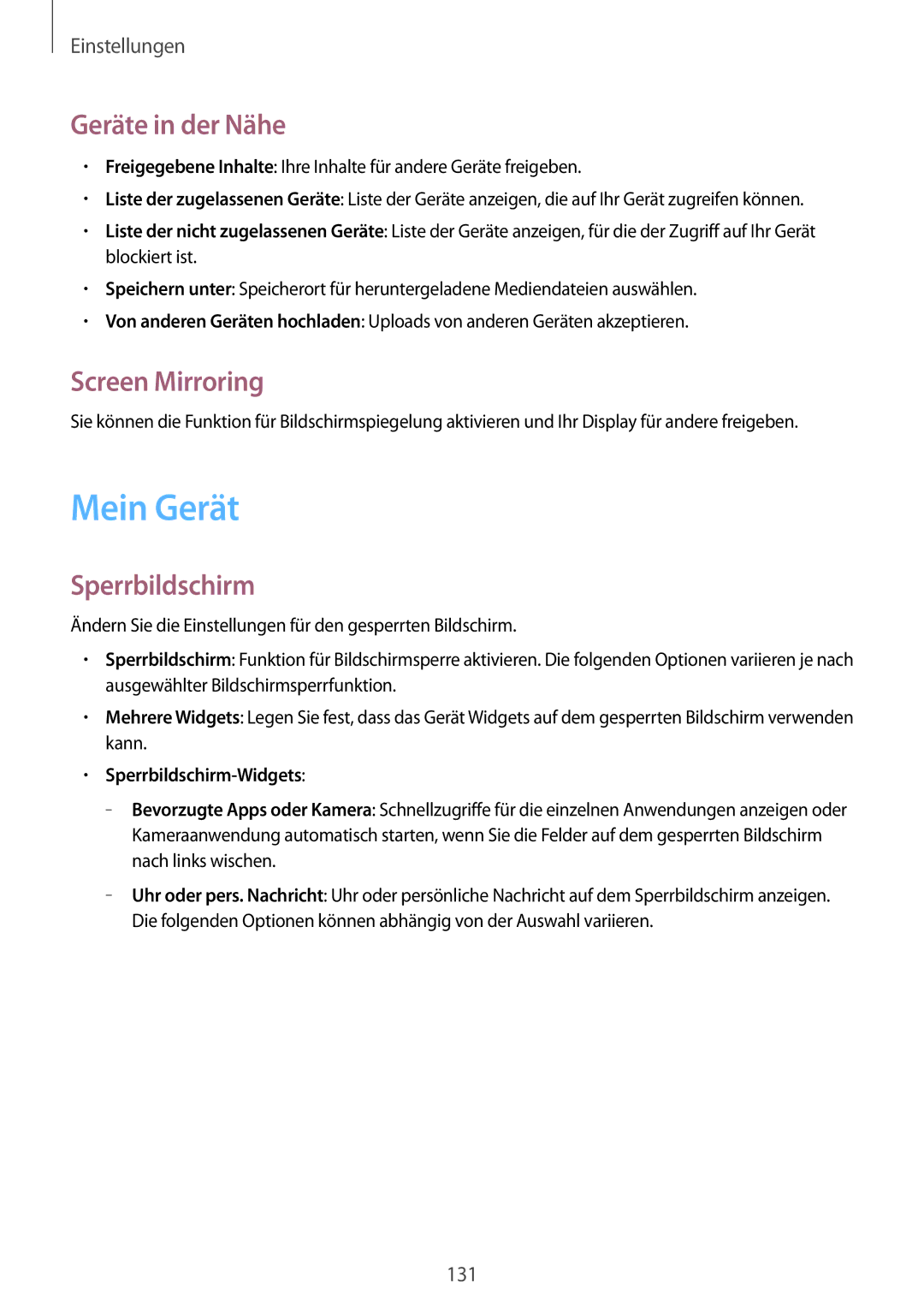 Samsung GT-I9295ZOATUR, GT-I9295ZAAVIA manual Mein Gerät, Geräte in der Nähe, Screen Mirroring, Sperrbildschirm-Widgets 