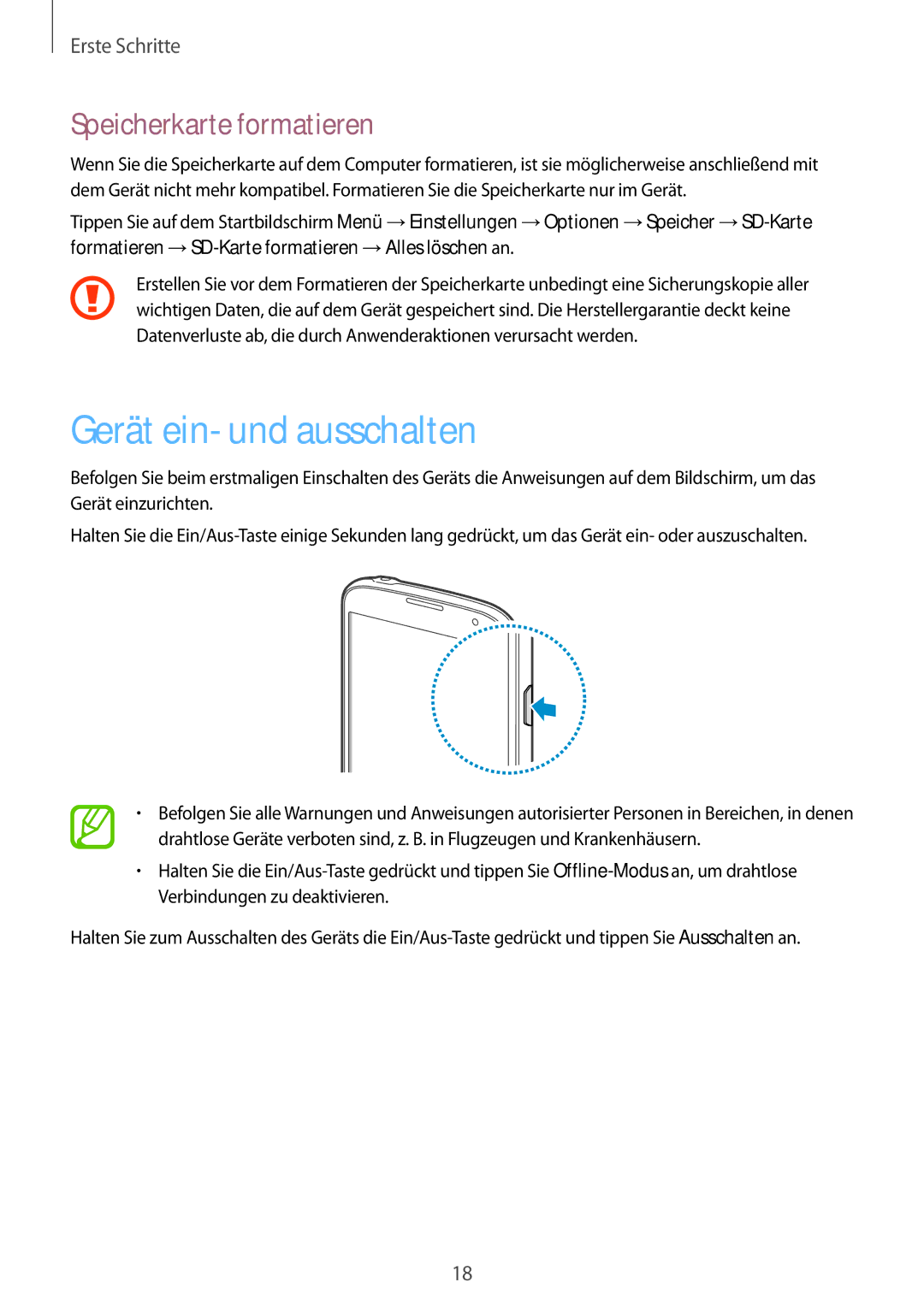 Samsung GT-I9295ZOADTM, GT-I9295ZAAVIA, GT-I9295ZOATUR, GT-I9295ZAAITV Gerät ein- und ausschalten, Speicherkarte formatieren 