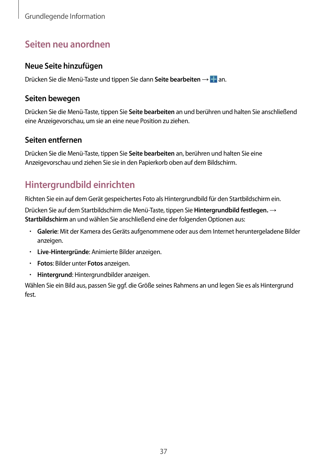 Samsung GT-I9295ZAATUR manual Seiten neu anordnen, Hintergrundbild einrichten, Neue Seite hinzufügen, Seiten bewegen 