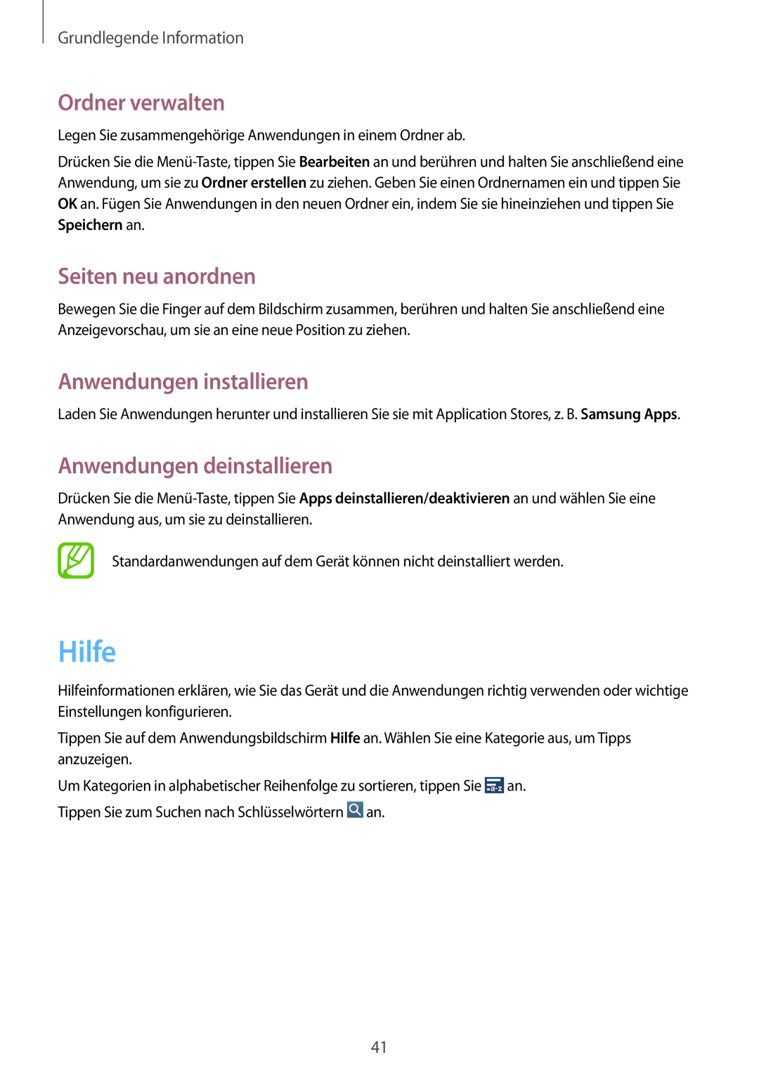 Samsung GT-I9295ZAAITV, GT-I9295ZAAVIA manual Hilfe, Ordner verwalten, Anwendungen installieren, Anwendungen deinstallieren 