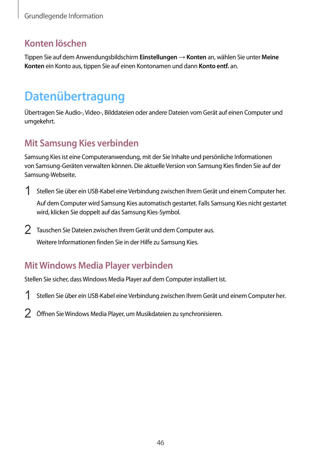 Samsung GT-I9295ZAADTM Datenübertragung, Konten löschen, Mit Samsung Kies verbinden, Mit Windows Media Player verbinden 