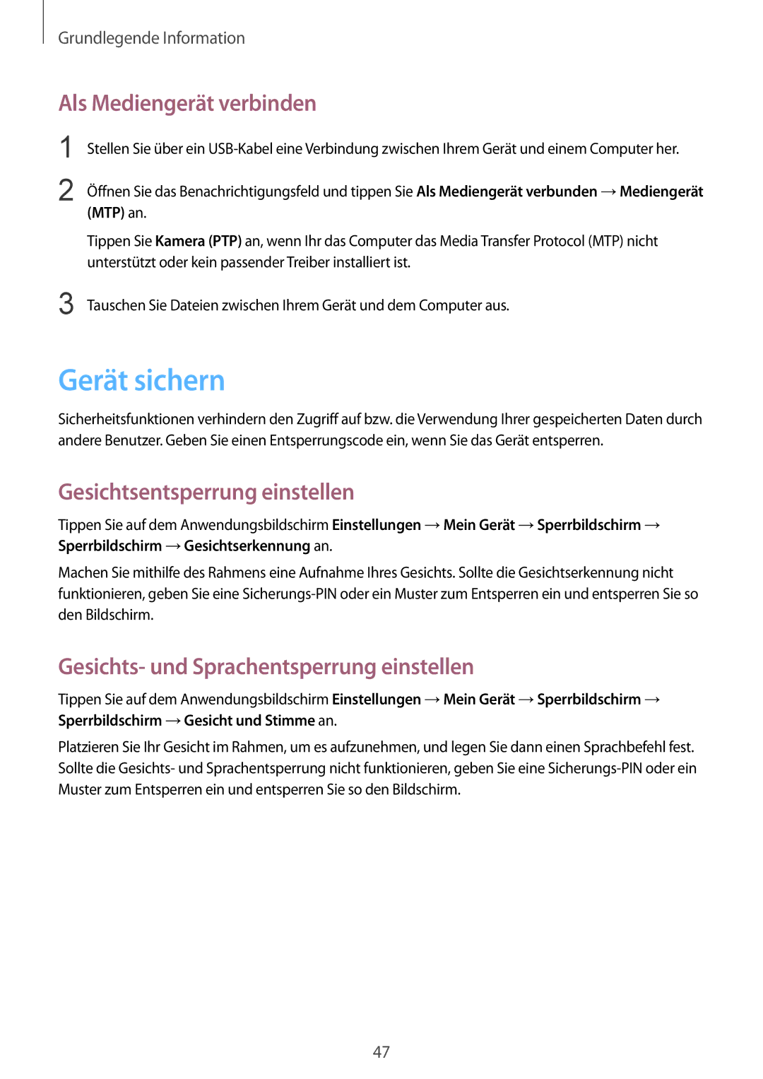 Samsung GT-I9295ZAAEUR, GT-I9295ZAAVIA manual Gerät sichern, Als Mediengerät verbinden, Gesichtsentsperrung einstellen 