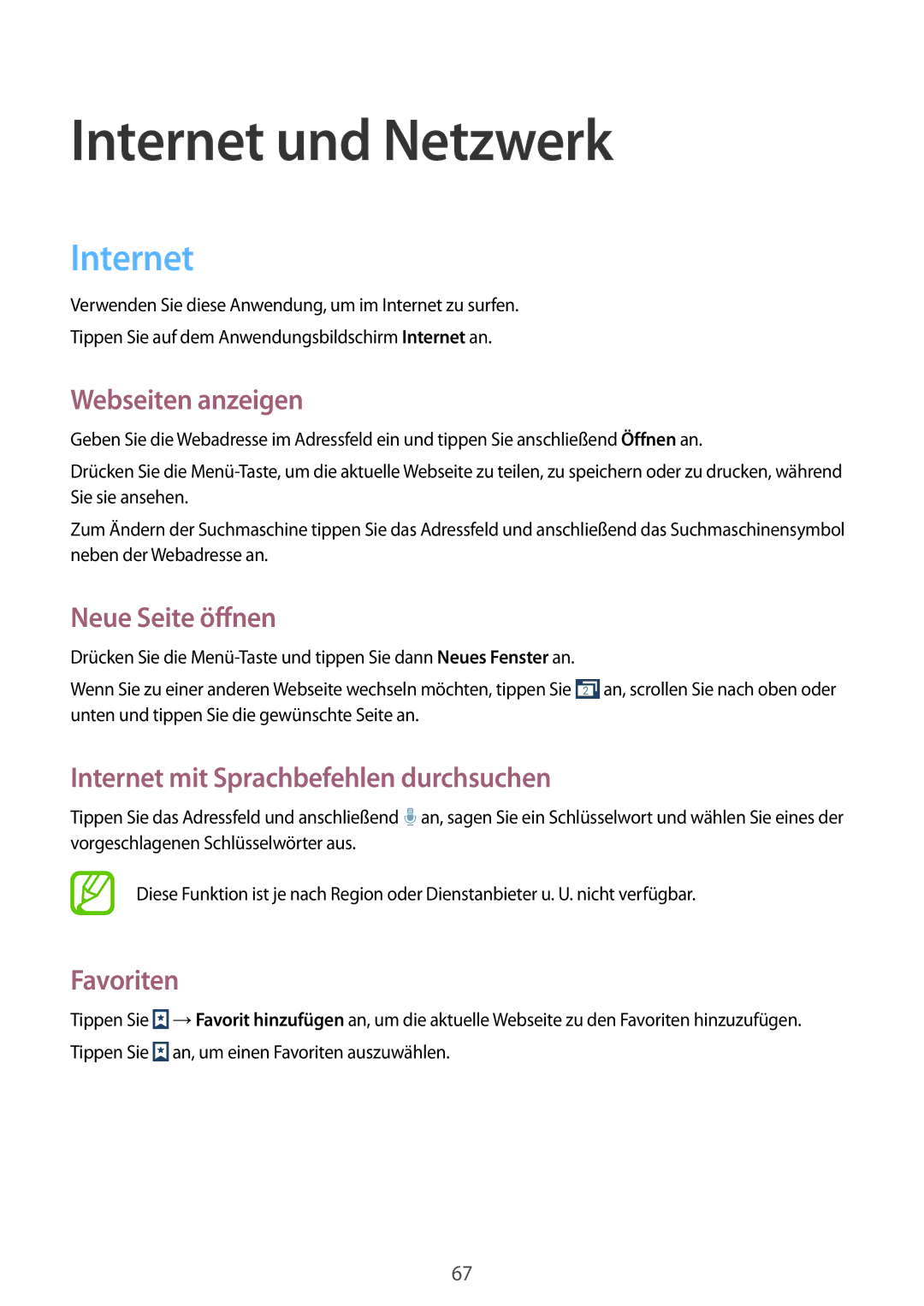 Samsung GT-I9295ZAAITV manual Webseiten anzeigen, Neue Seite öffnen, Internet mit Sprachbefehlen durchsuchen, Favoriten 