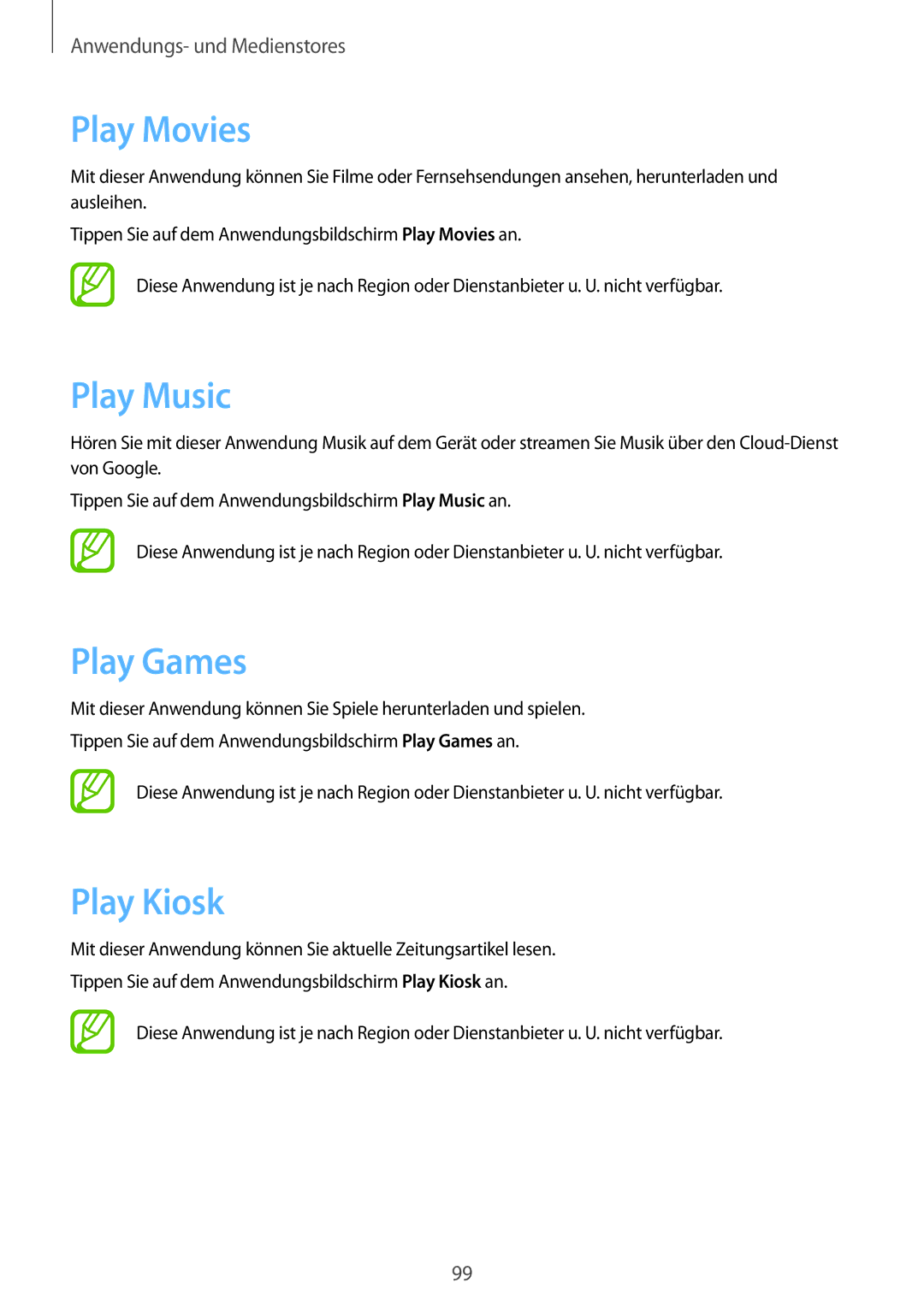 Samsung GT-I9295ZAAEUR, GT-I9295ZAAVIA, GT-I9295ZOATUR, GT-I9295ZAAITV manual Play Movies, Play Music, Play Games, Play Kiosk 