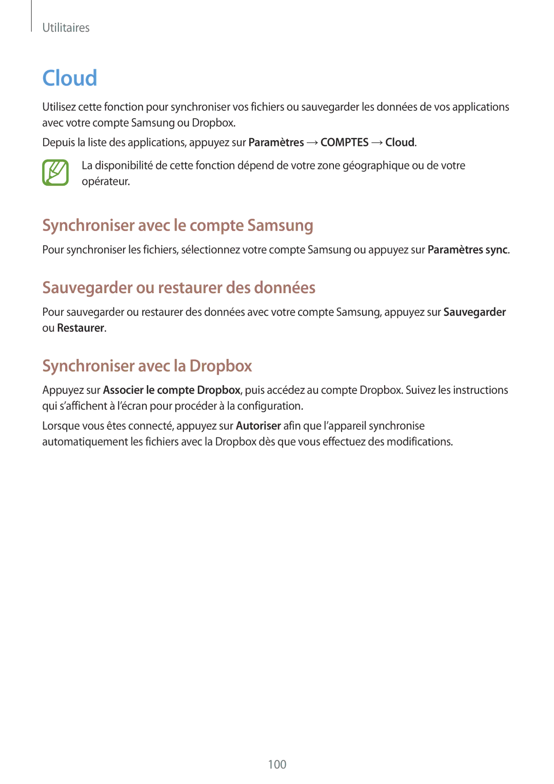 Samsung GT-I9295ZAAXEF manual Cloud, Synchroniser avec le compte Samsung, Sauvegarder ou restaurer des données 