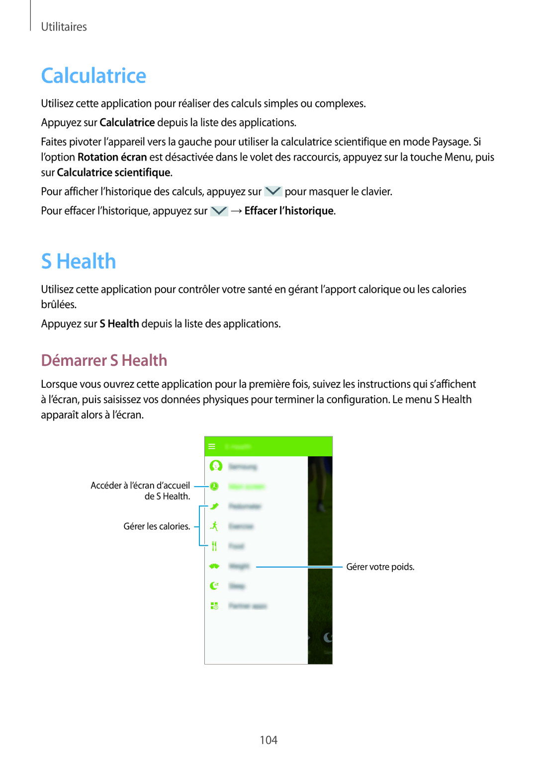 Samsung GT-I9295ZAAXEF manual Calculatrice, Démarrer S Health 