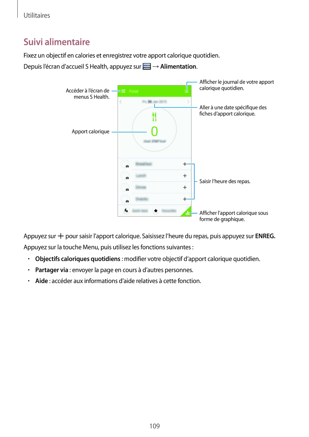 Samsung GT-I9295ZAAXEF manual Suivi alimentaire 