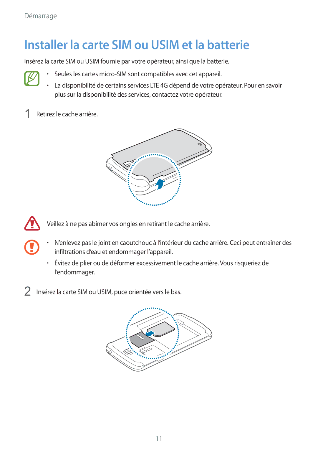 Samsung GT-I9295ZAAXEF manual Installer la carte SIM ou Usim et la batterie 