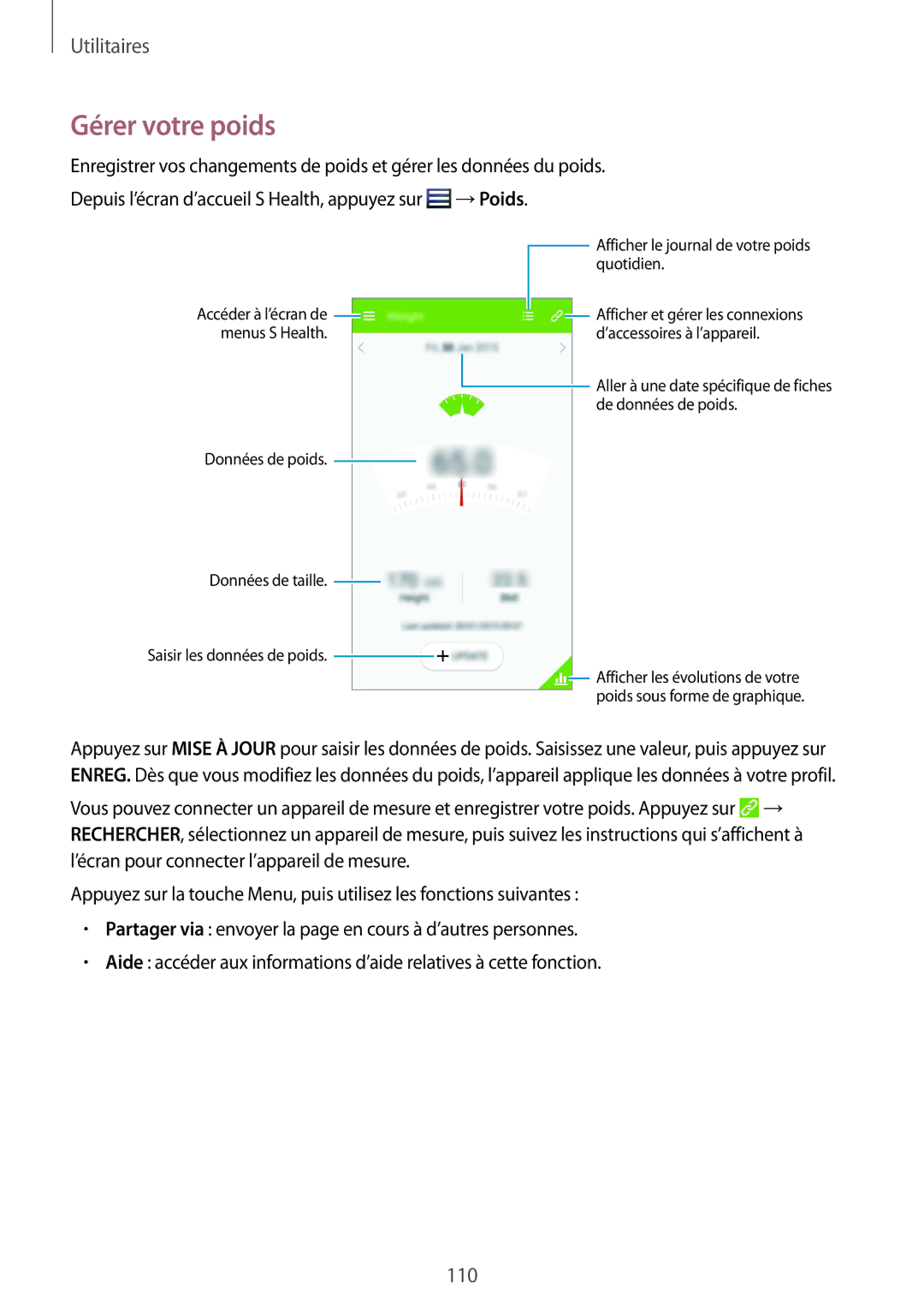 Samsung GT-I9295ZAAXEF manual Gérer votre poids 