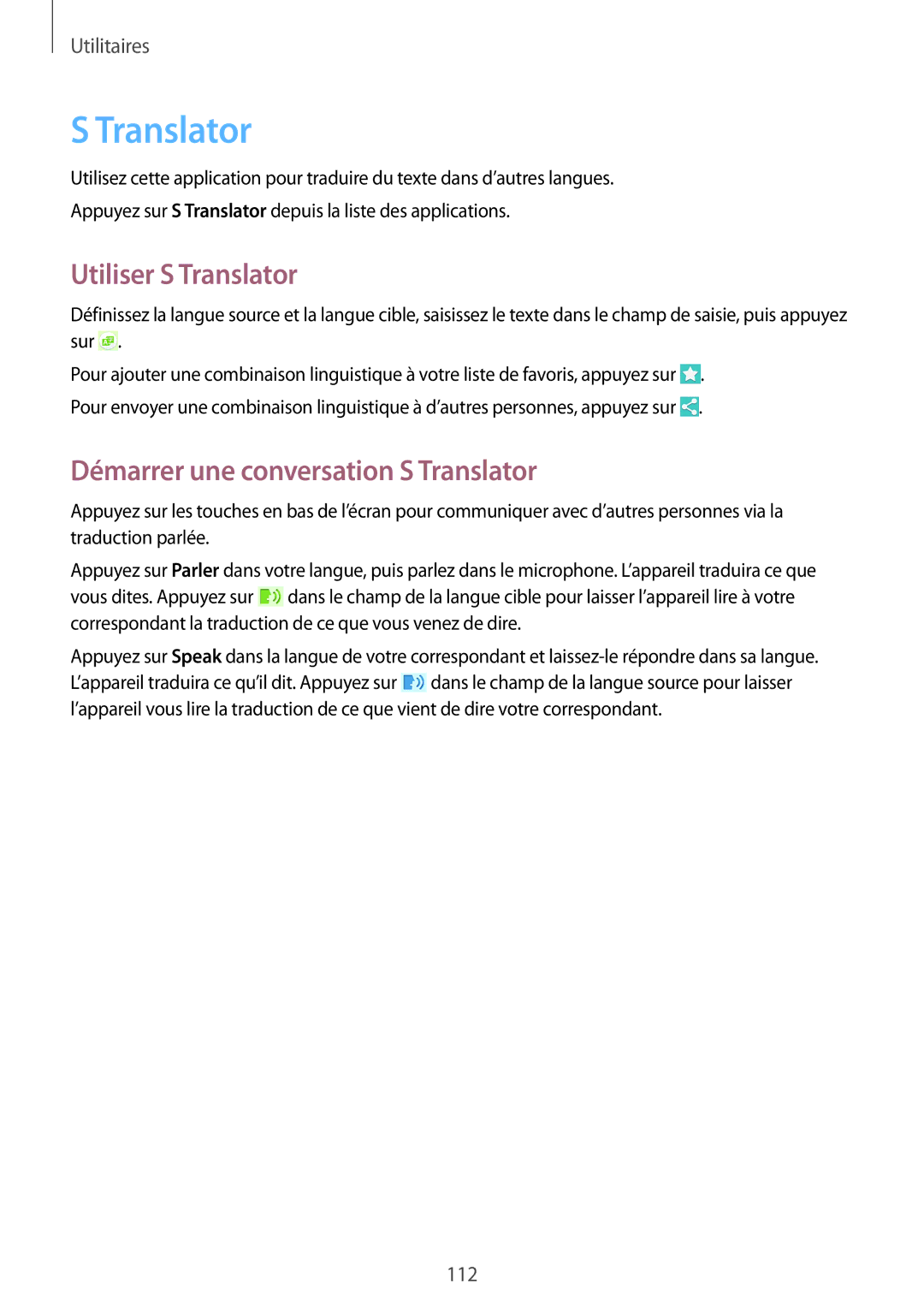 Samsung GT-I9295ZAAXEF manual Utiliser S Translator, Démarrer une conversation S Translator 