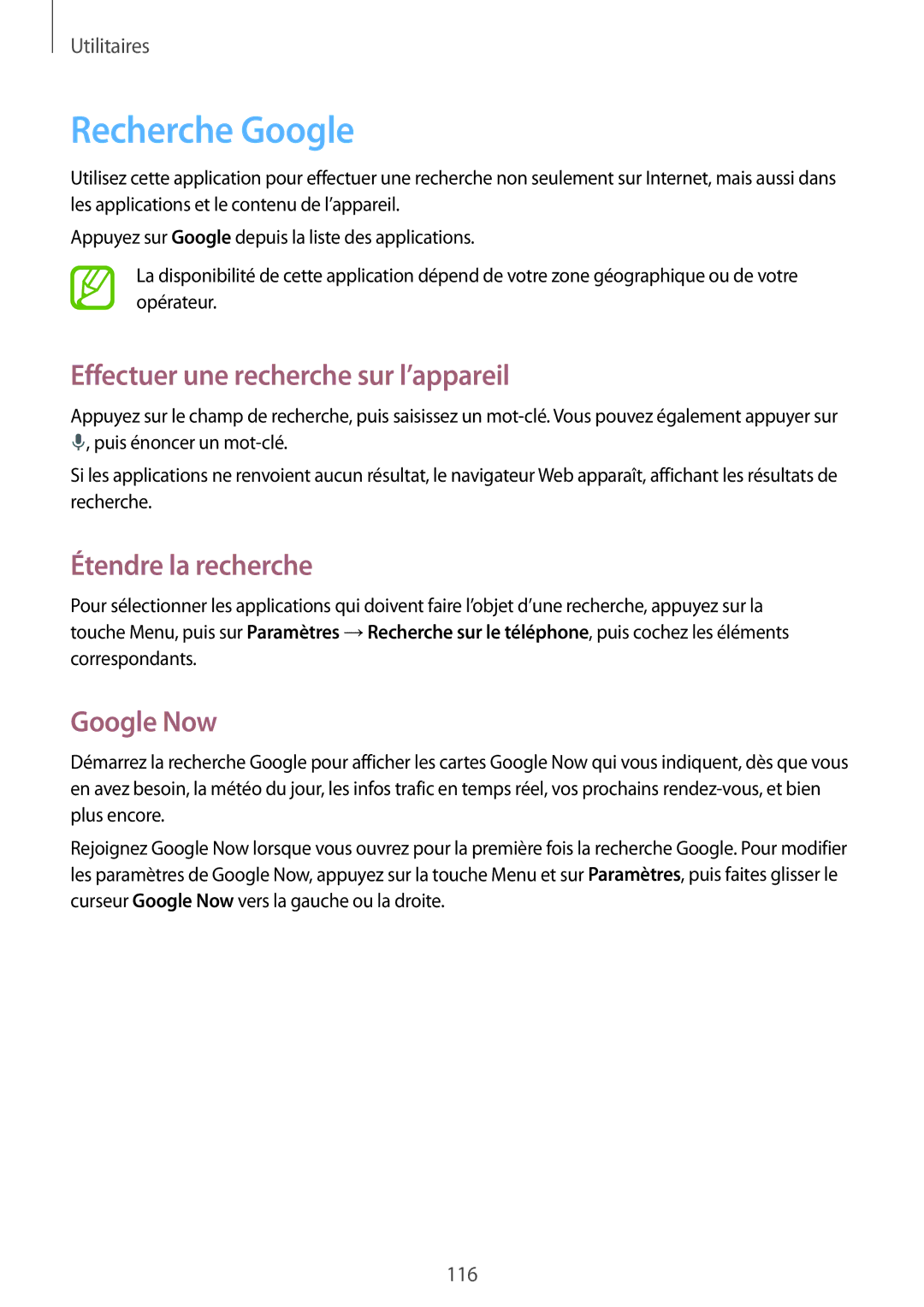 Samsung GT-I9295ZAAXEF manual Recherche Google, Effectuer une recherche sur l’appareil, Étendre la recherche, Google Now 