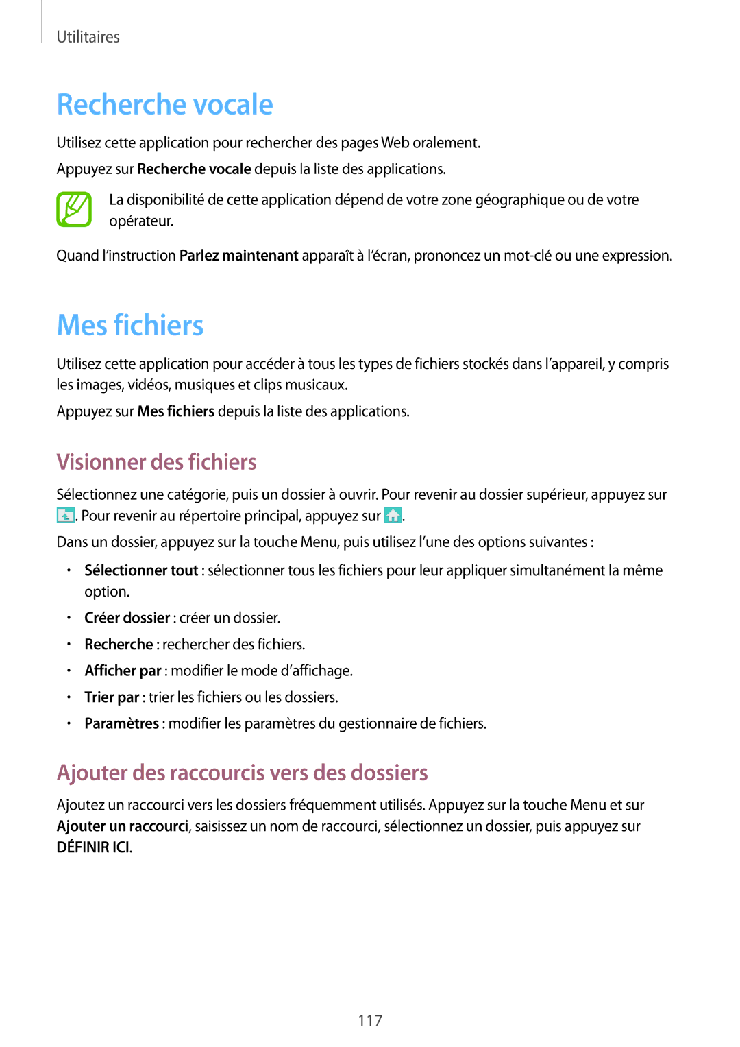 Samsung GT-I9295ZAAXEF manual Recherche vocale, Mes fichiers, Ajouter des raccourcis vers des dossiers 