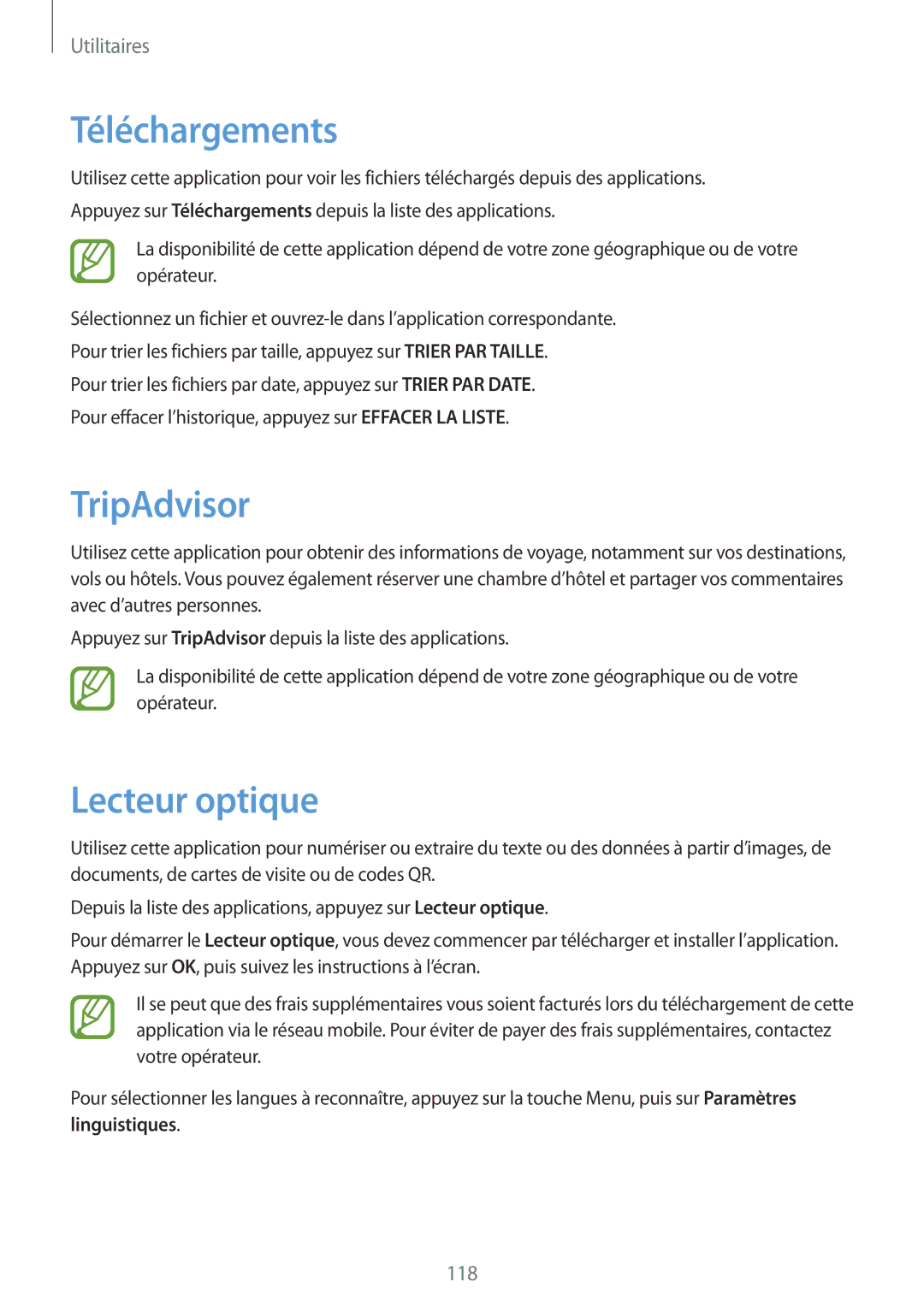 Samsung GT-I9295ZAAXEF manual Téléchargements, TripAdvisor, Lecteur optique 