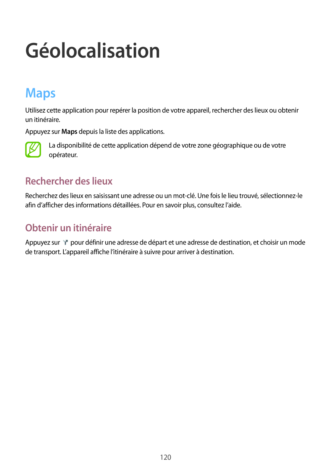 Samsung GT-I9295ZAAXEF manual Maps, Rechercher des lieux, Obtenir un itinéraire 