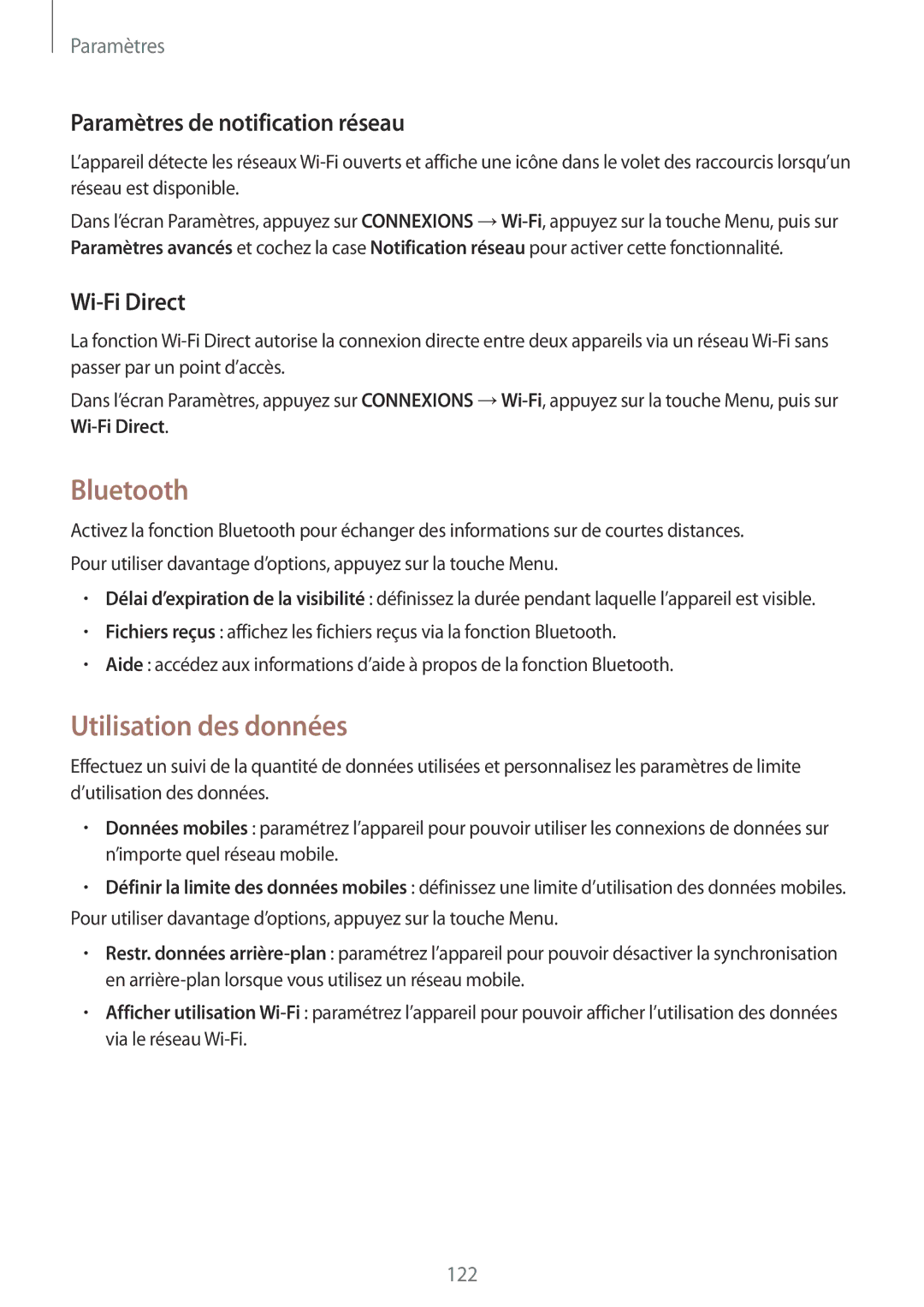 Samsung GT-I9295ZAAXEF manual Bluetooth, Utilisation des données, Paramètres de notification réseau, Wi-Fi Direct 