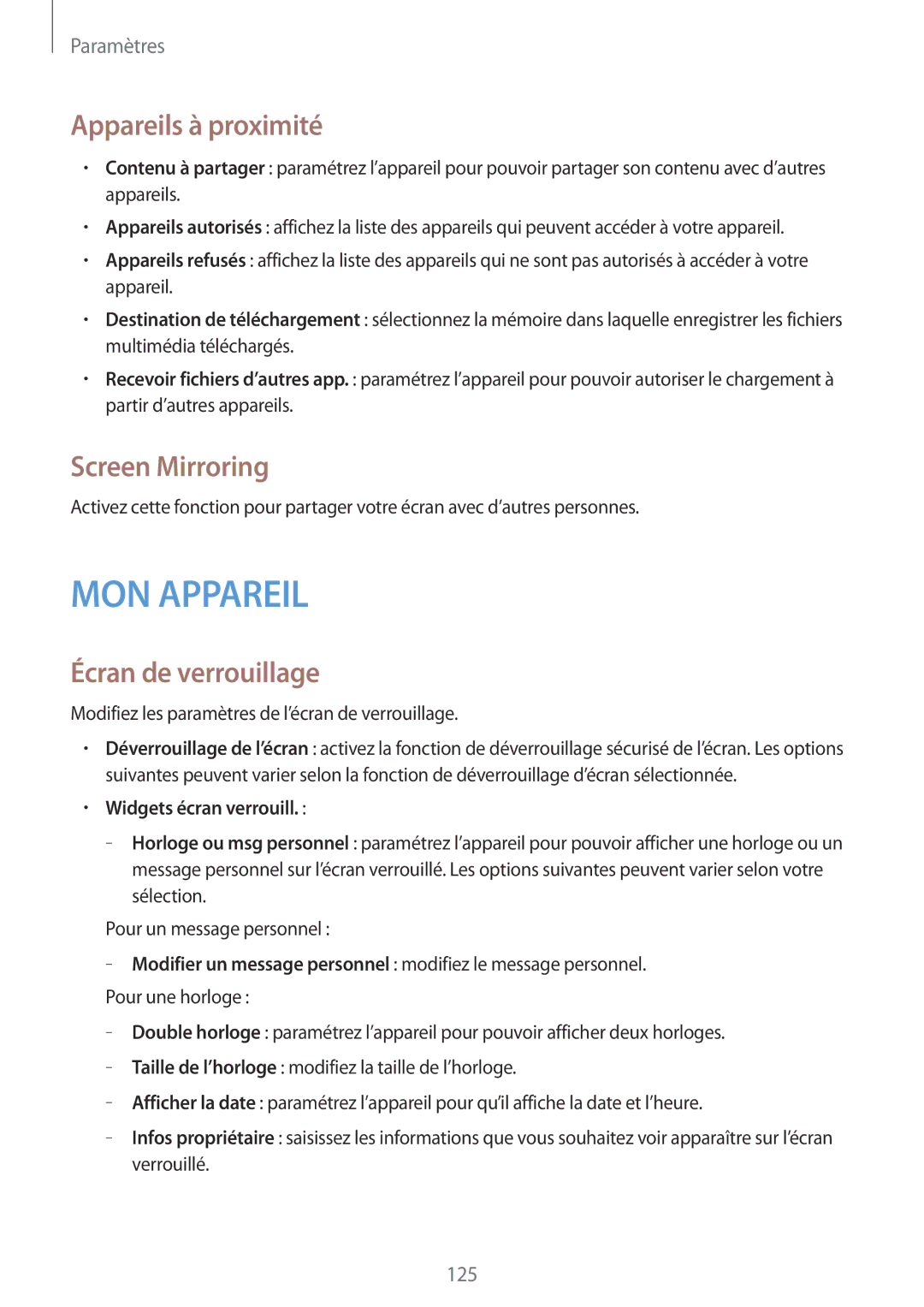 Samsung GT-I9295ZAAXEF manual Appareils à proximité, Screen Mirroring, Écran de verrouillage 