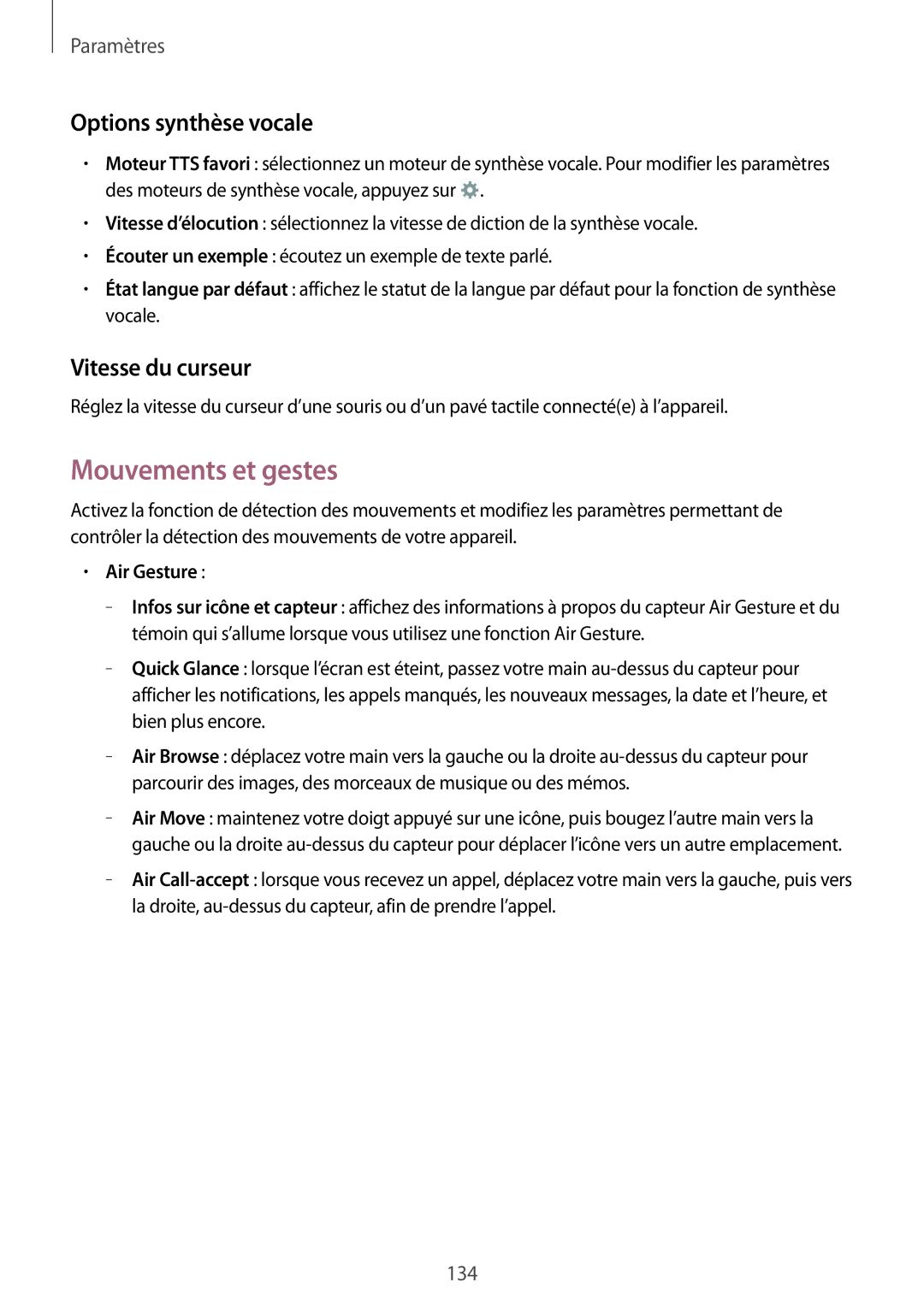 Samsung GT-I9295ZAAXEF manual Mouvements et gestes, Options synthèse vocale, Vitesse du curseur 