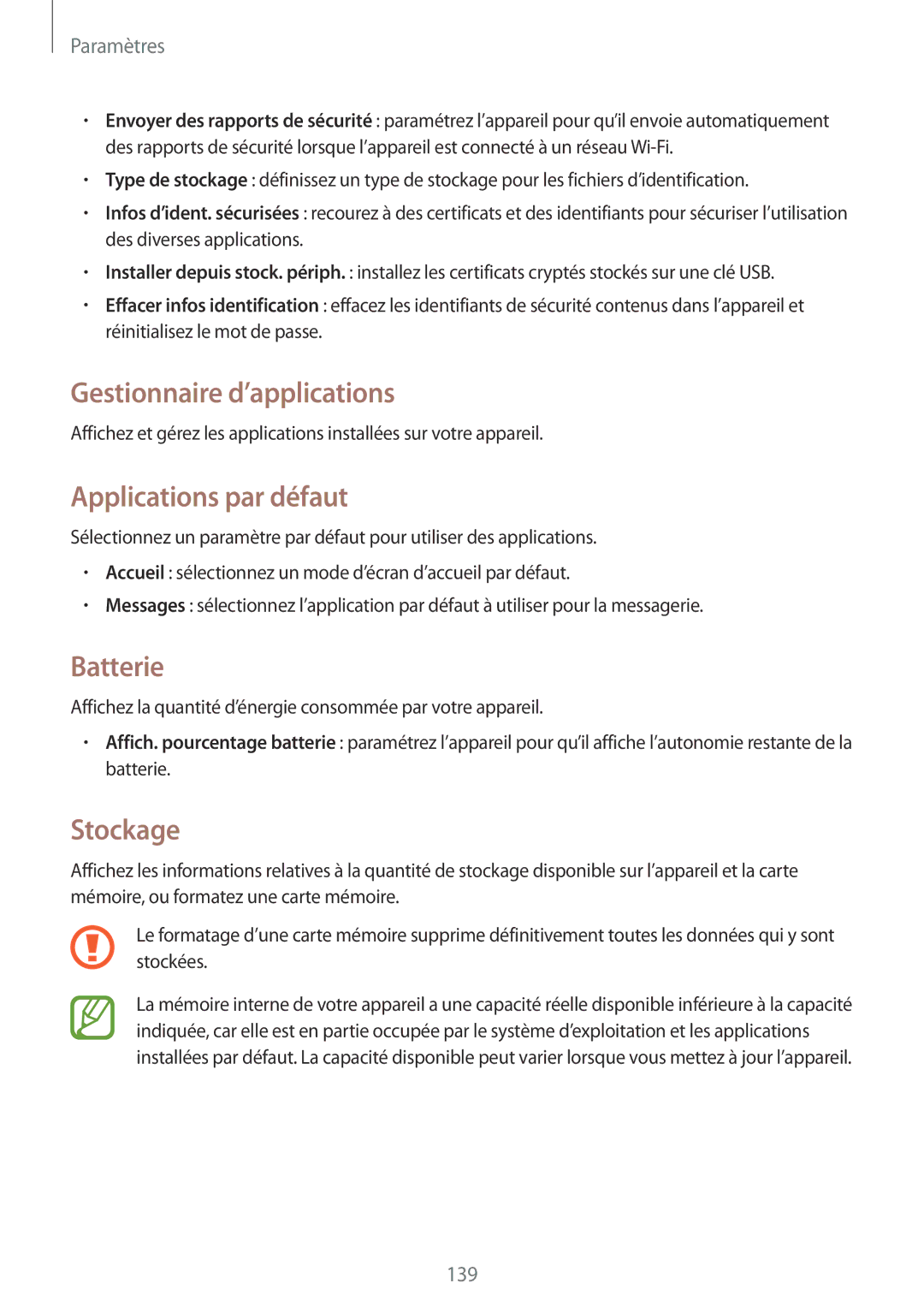 Samsung GT-I9295ZAAXEF manual Gestionnaire d’applications, Applications par défaut, Batterie, Stockage 