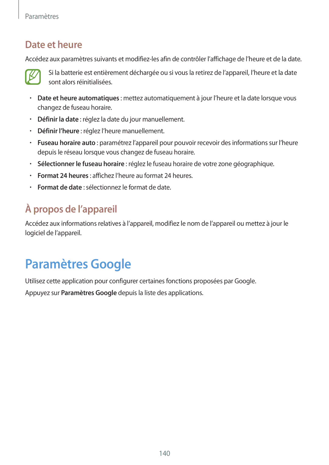 Samsung GT-I9295ZAAXEF manual Paramètres Google, Date et heure, Propos de l’appareil 