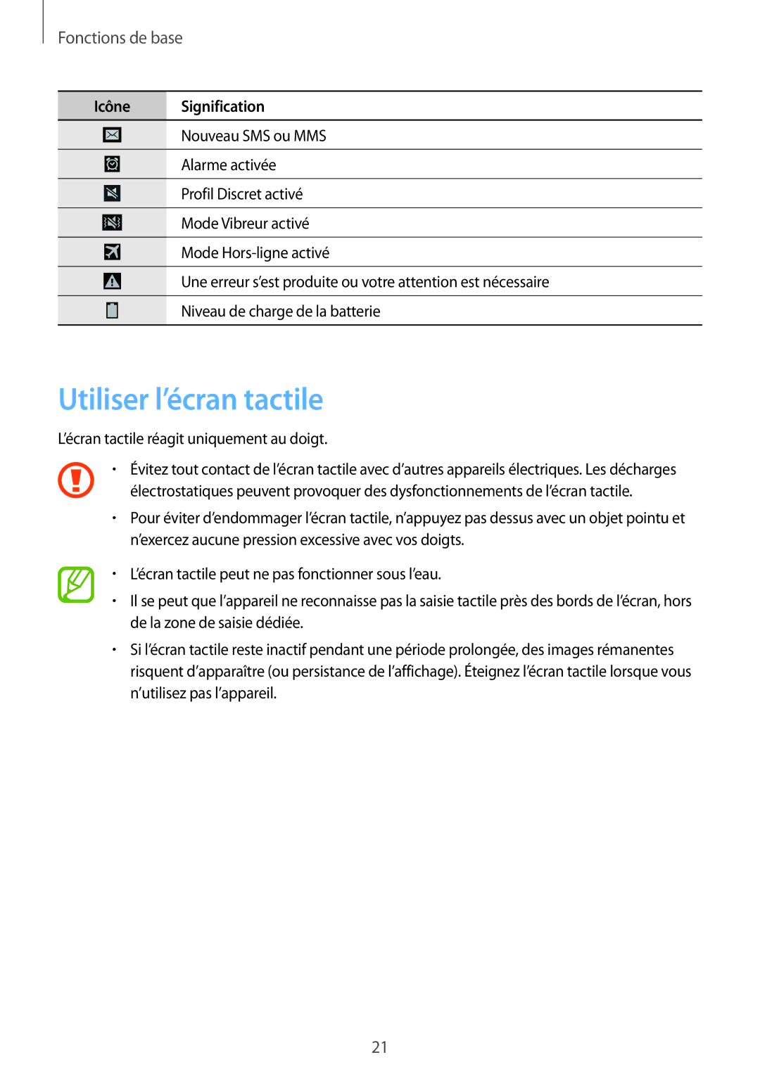 Samsung GT-I9295ZAAXEF manual Utiliser l’écran tactile, Fonctions de base 