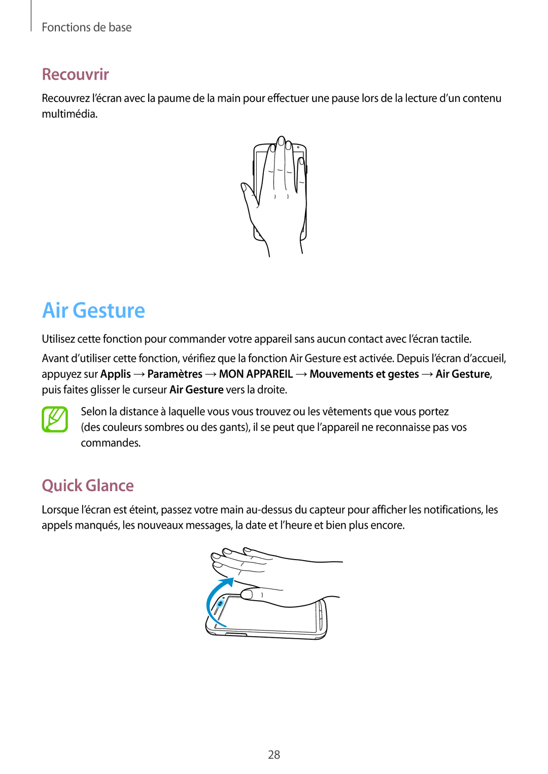 Samsung GT-I9295ZAAXEF manual Air Gesture, Recouvrir, Quick Glance 