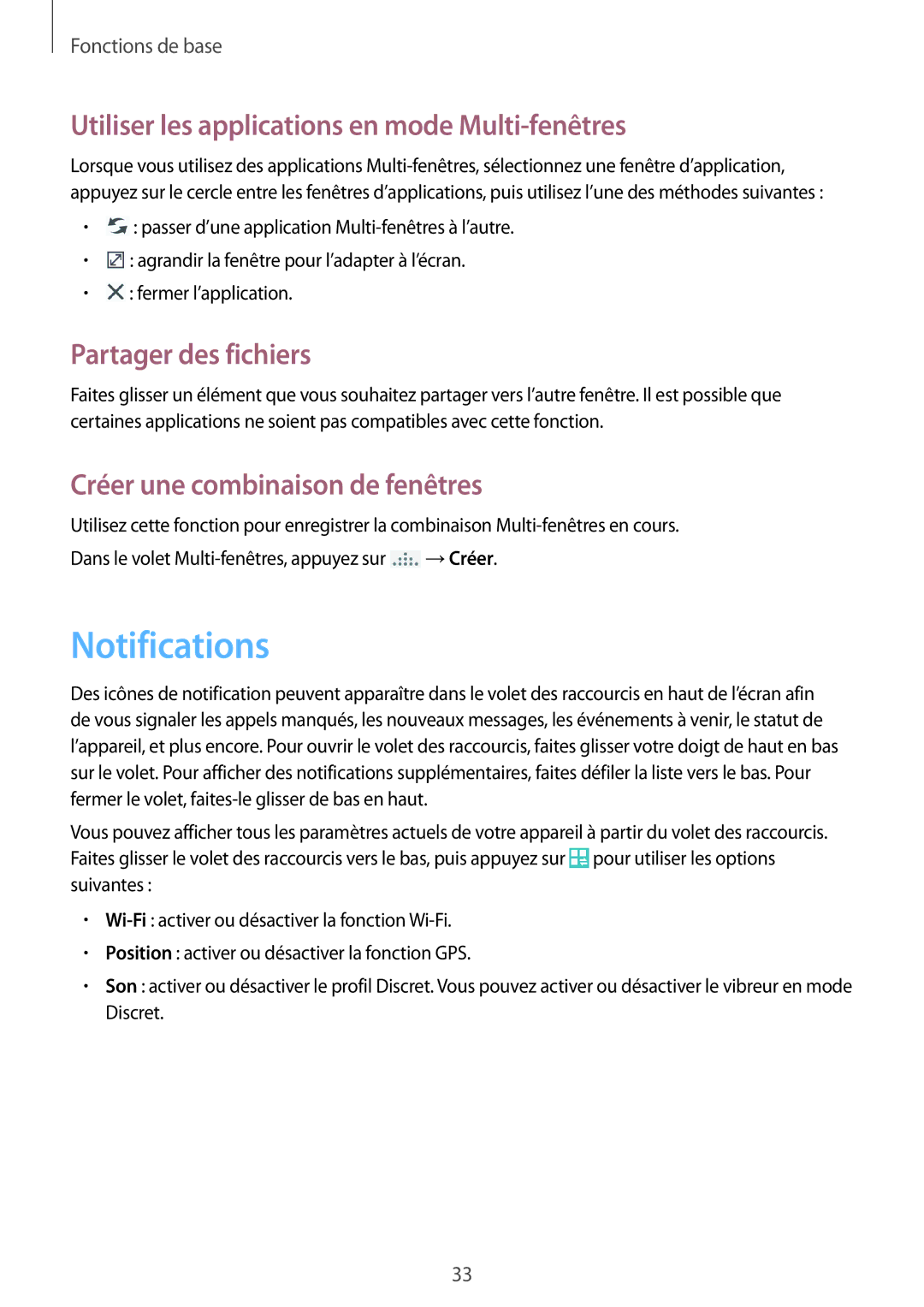 Samsung GT-I9295ZAAXEF manual Notifications, Utiliser les applications en mode Multi-fenêtres, Partager des fichiers 