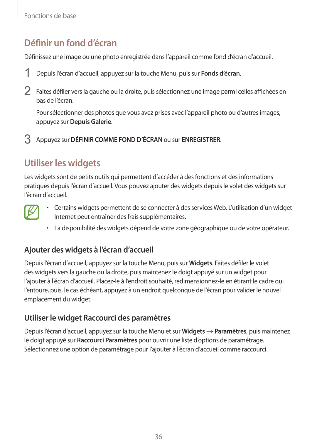 Samsung GT-I9295ZAAXEF manual Définir un fond d’écran, Utiliser les widgets, Ajouter des widgets à l’écran d’accueil 
