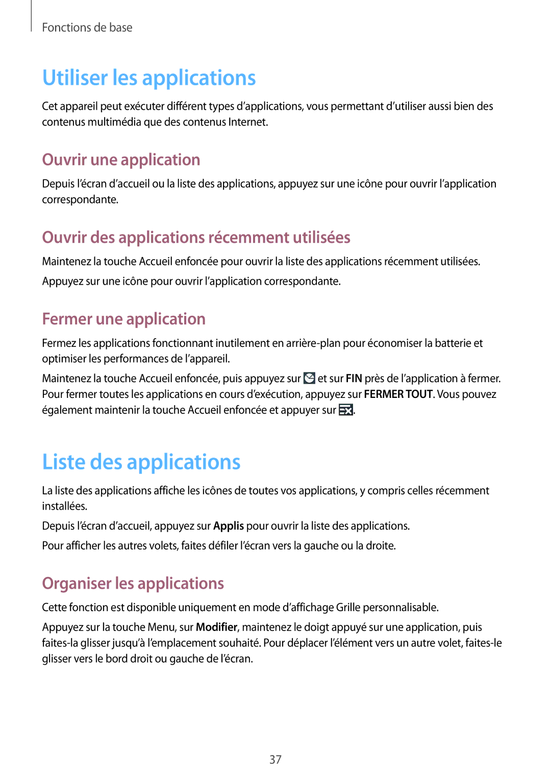 Samsung GT-I9295ZAAXEF manual Utiliser les applications, Liste des applications 