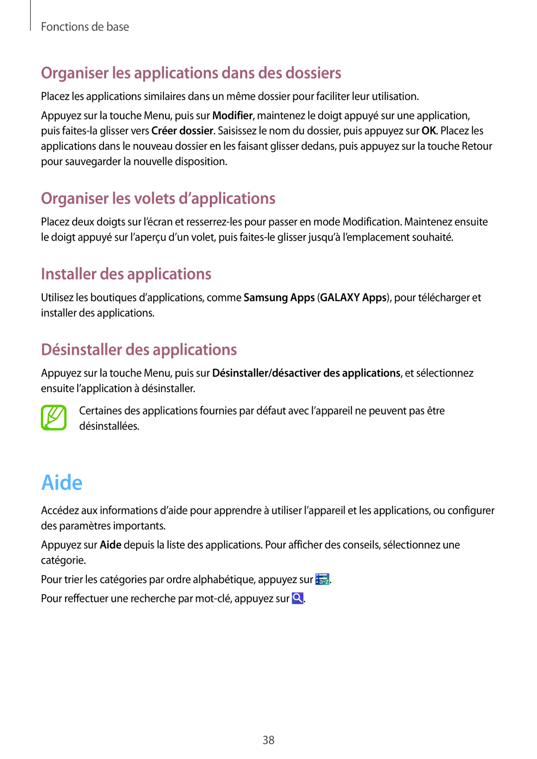 Samsung GT-I9295ZAAXEF manual Aide, Organiser les applications dans des dossiers, Installer des applications 