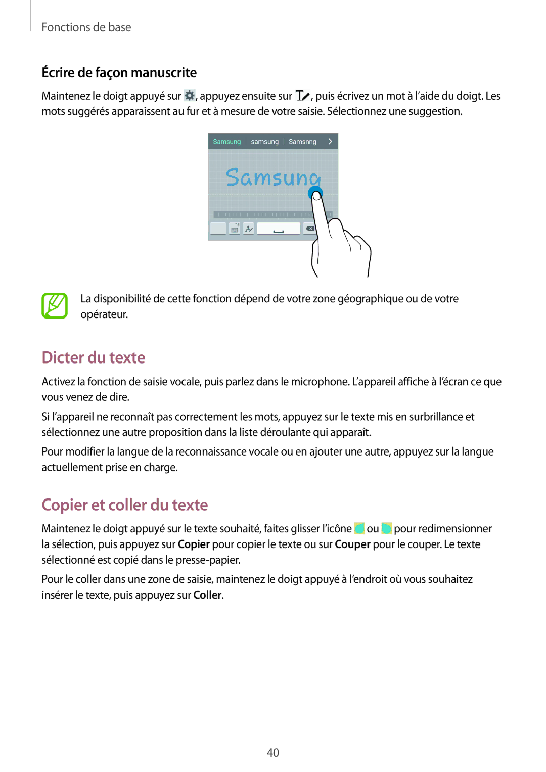 Samsung GT-I9295ZAAXEF manual Dicter du texte, Copier et coller du texte, Écrire de façon manuscrite 