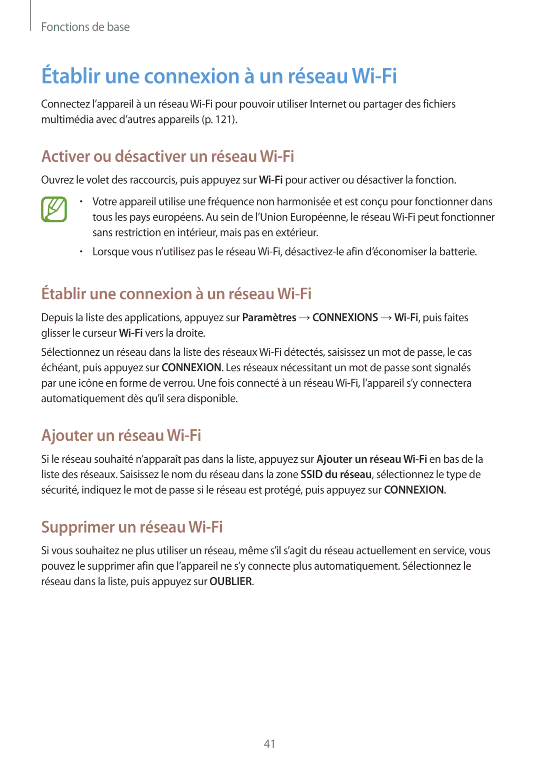 Samsung GT-I9295ZAAXEF manual Établir une connexion à un réseau Wi-Fi, Activer ou désactiver un réseau Wi-Fi 