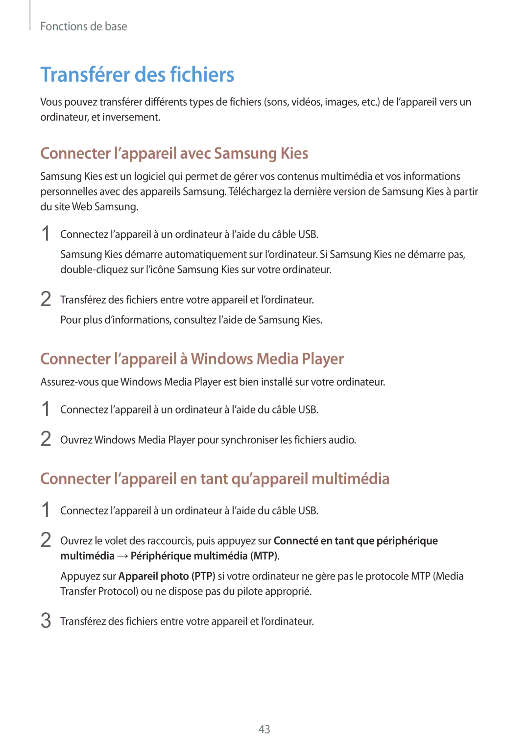 Samsung GT-I9295ZAAXEF manual Transférer des fichiers, Connecter l’appareil avec Samsung Kies 