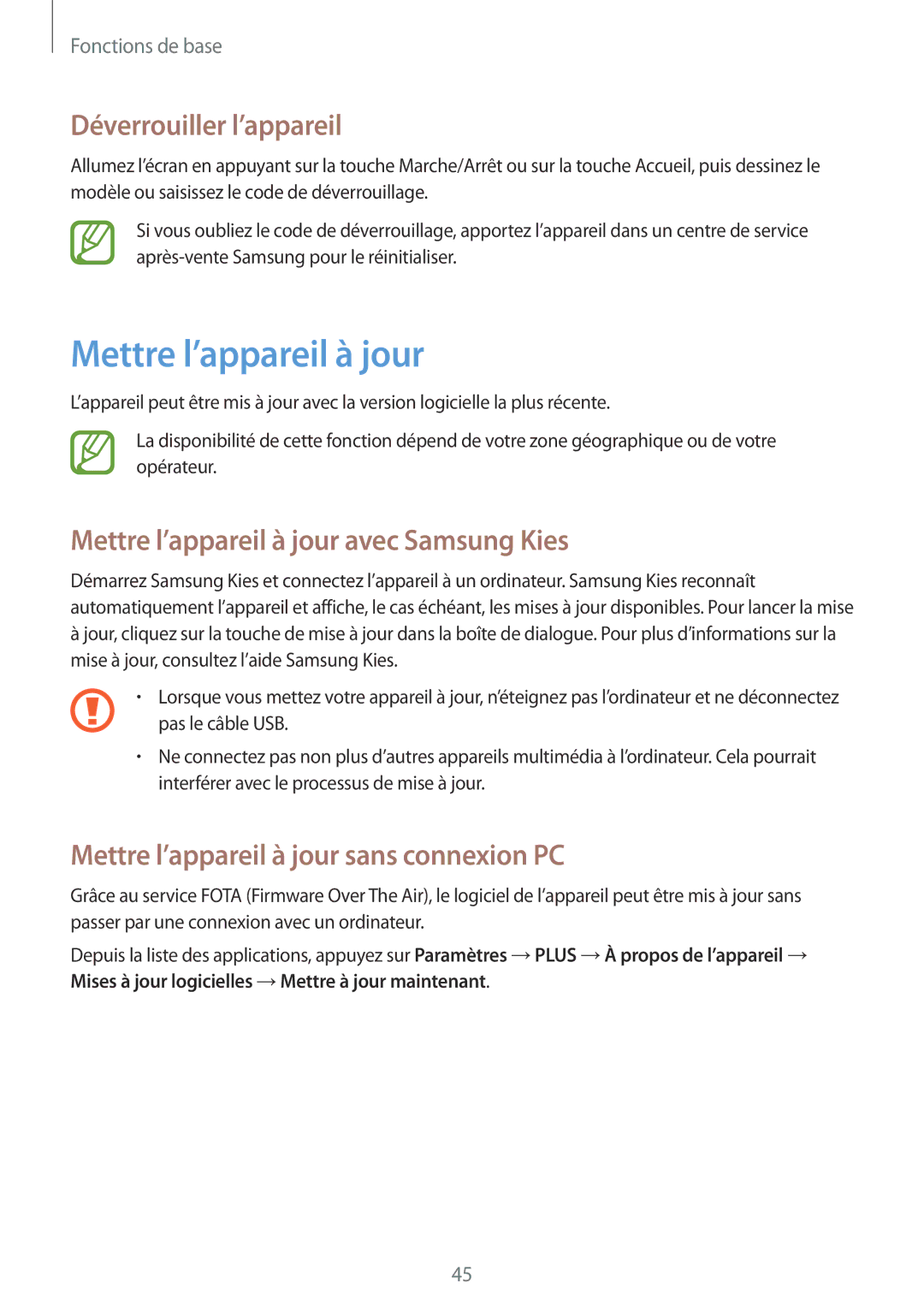 Samsung GT-I9295ZAAXEF manual Déverrouiller l’appareil, Mettre l’appareil à jour avec Samsung Kies 