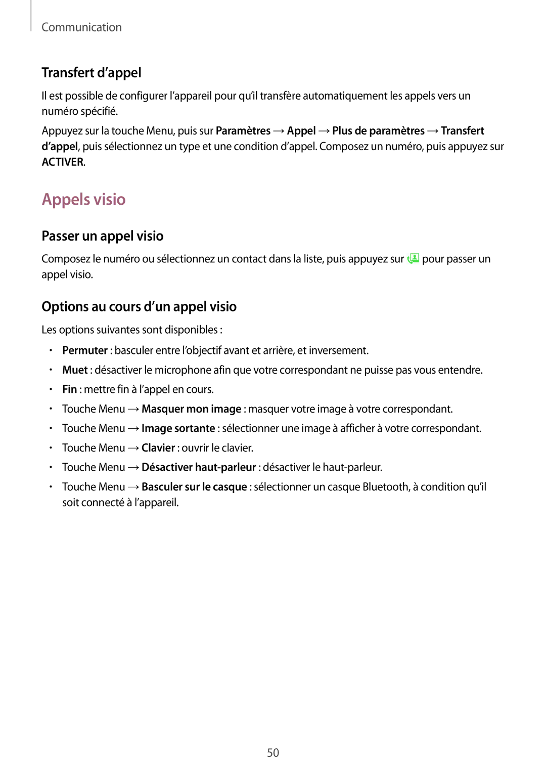 Samsung GT-I9295ZAAXEF manual Appels visio, Transfert d’appel, Passer un appel visio, Options au cours d’un appel visio 