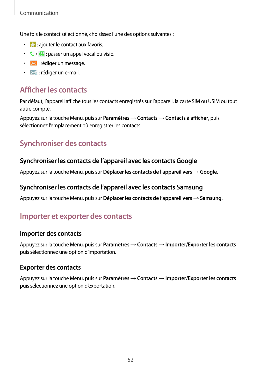 Samsung GT-I9295ZAAXEF manual Afficher les contacts, Synchroniser des contacts, Importer et exporter des contacts 