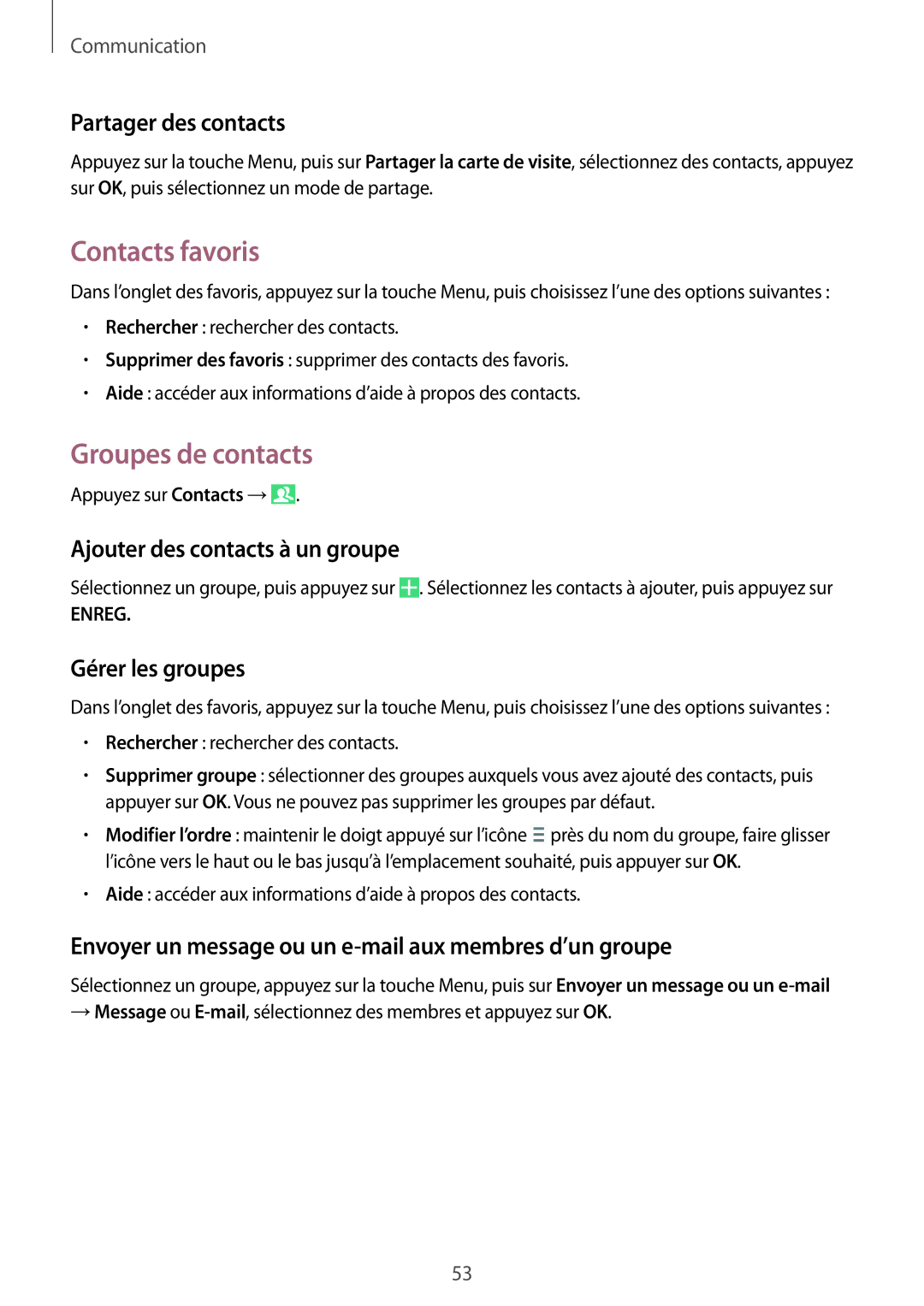 Samsung GT-I9295ZAAXEF manual Contacts favoris, Groupes de contacts 