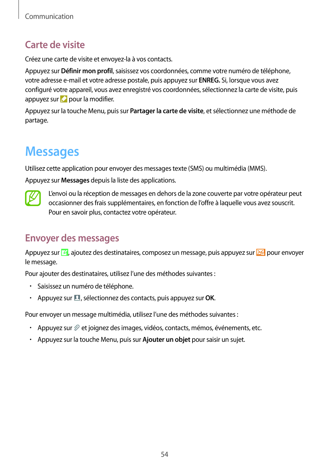 Samsung GT-I9295ZAAXEF manual Messages, Carte de visite, Envoyer des messages 