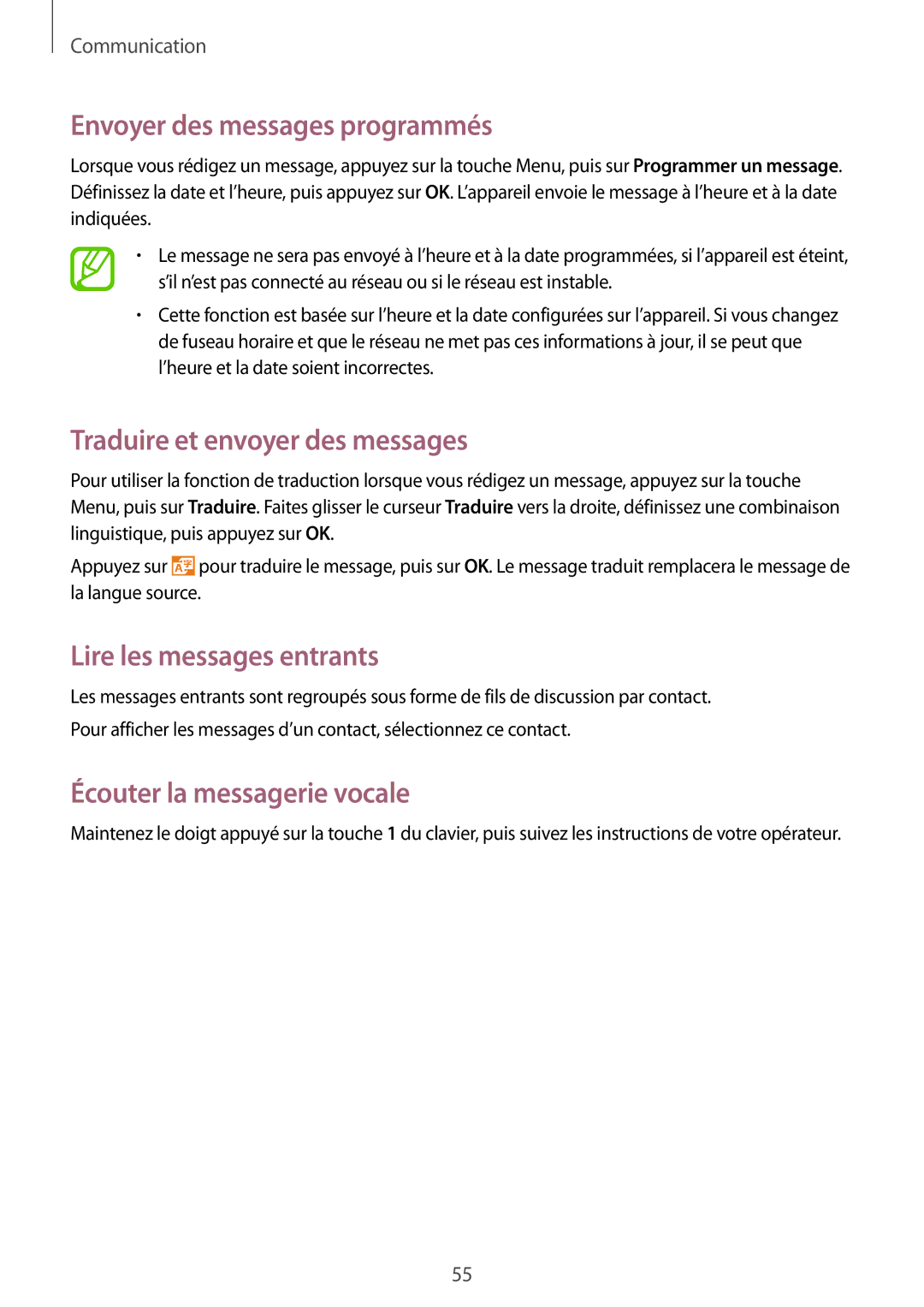 Samsung GT-I9295ZAAXEF manual Envoyer des messages programmés, Traduire et envoyer des messages, Lire les messages entrants 