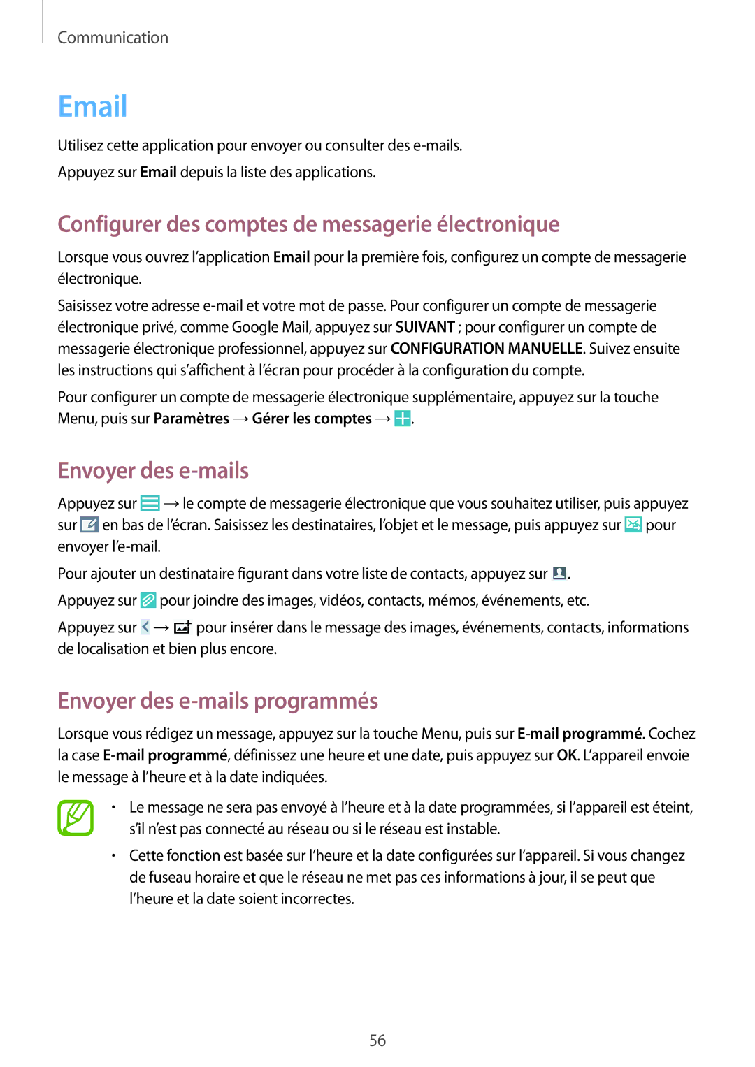 Samsung GT-I9295ZAAXEF manual Configurer des comptes de messagerie électronique, Envoyer des e-mails 