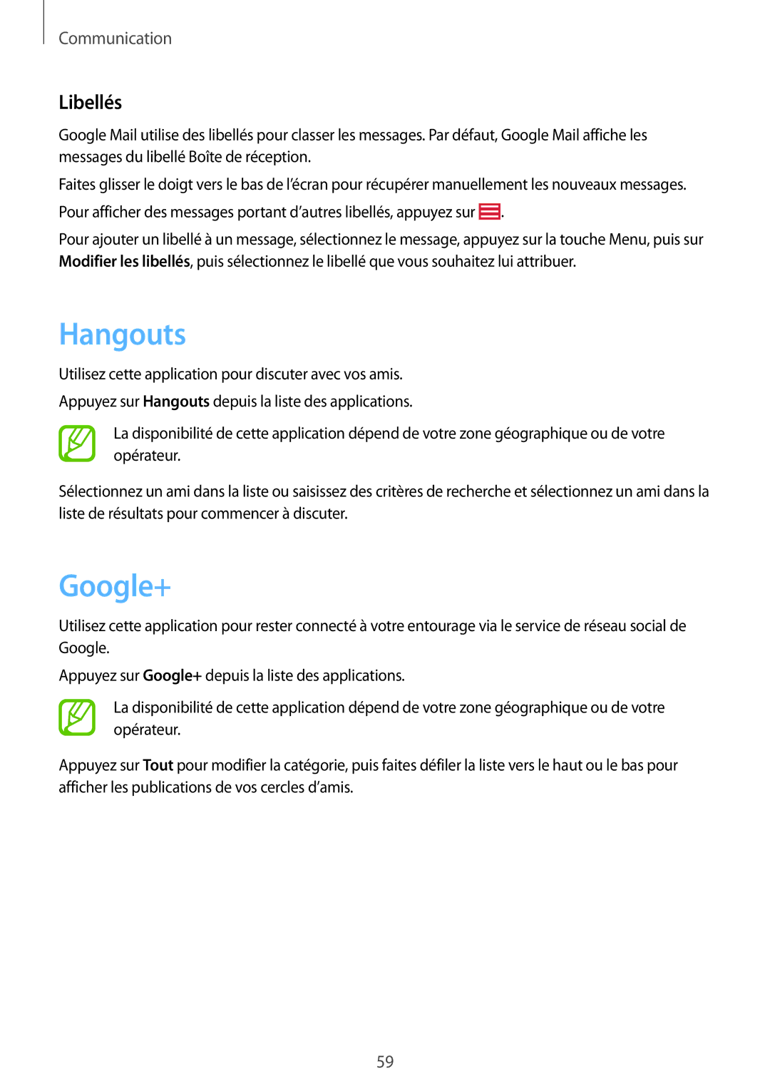 Samsung GT-I9295ZAAXEF manual Hangouts, Google+, Libellés 