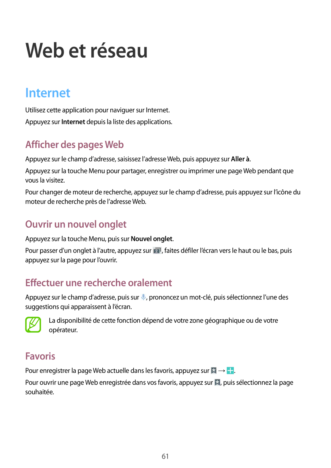 Samsung GT-I9295ZAAXEF manual Internet, Afficher des pages Web, Ouvrir un nouvel onglet, Effectuer une recherche oralement 