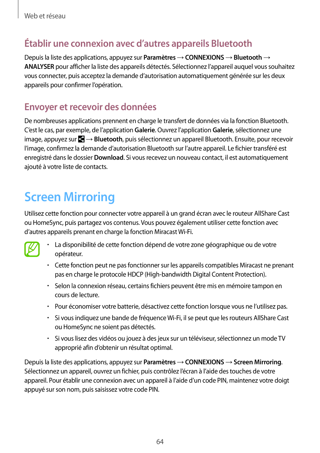 Samsung GT-I9295ZAAXEF manual Screen Mirroring, Établir une connexion avec d’autres appareils Bluetooth 