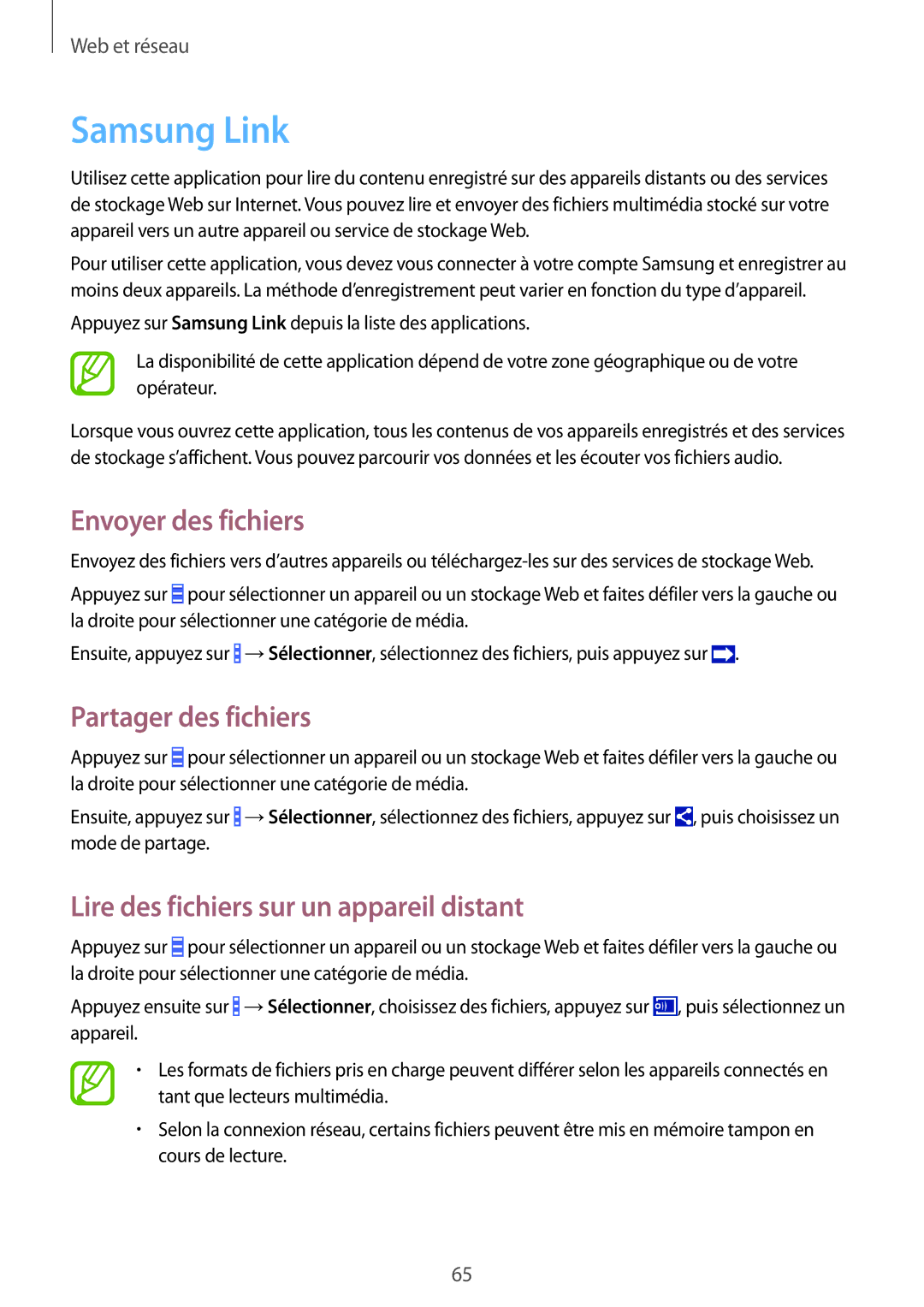 Samsung GT-I9295ZAAXEF manual Samsung Link, Envoyer des fichiers, Lire des fichiers sur un appareil distant 