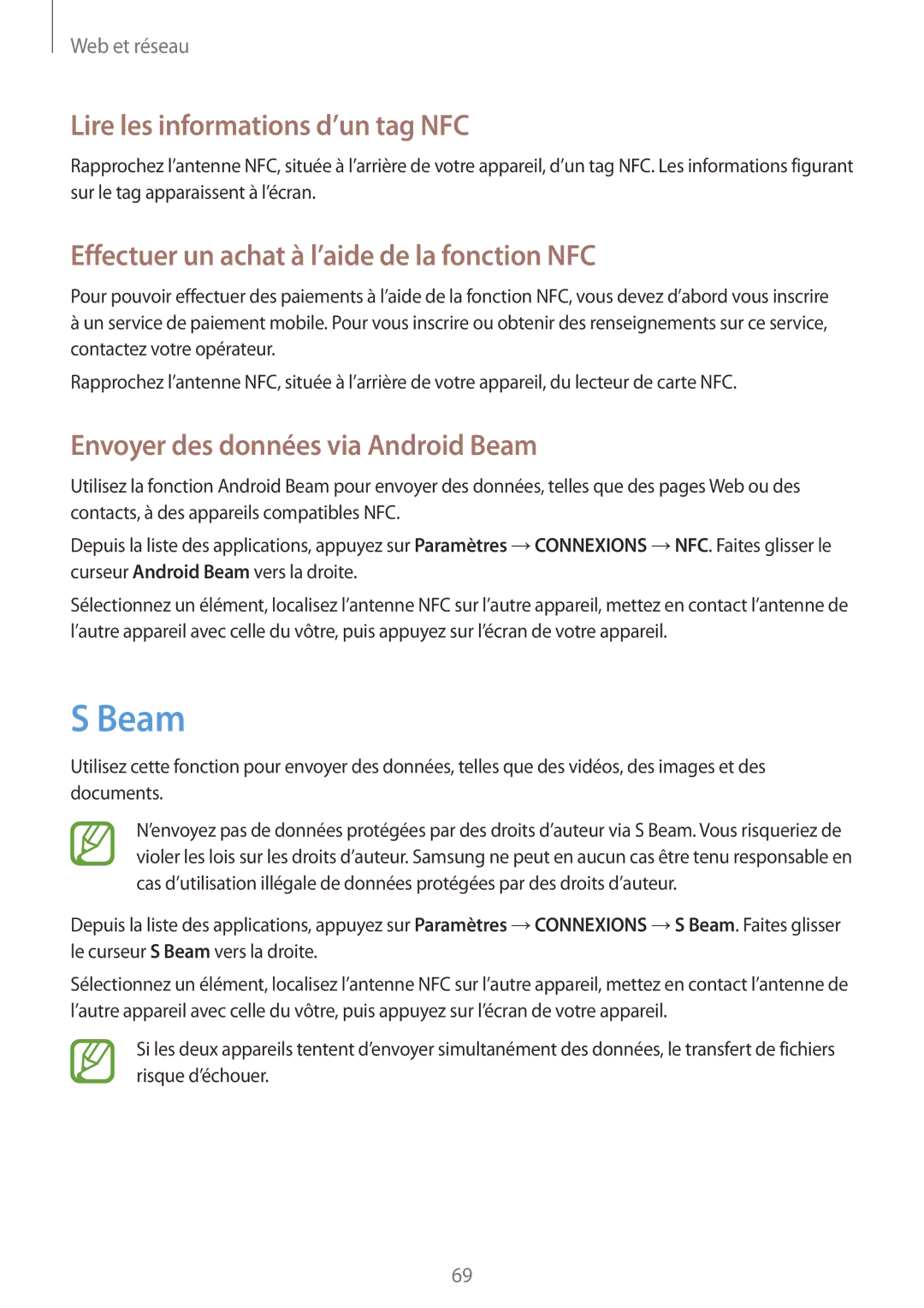 Samsung GT-I9295ZAAXEF manual Beam, Lire les informations d’un tag NFC, Effectuer un achat à l’aide de la fonction NFC 