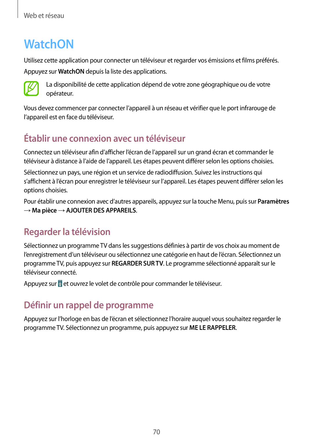 Samsung GT-I9295ZAAXEF manual WatchON, Établir une connexion avec un téléviseur, Regarder la télévision 