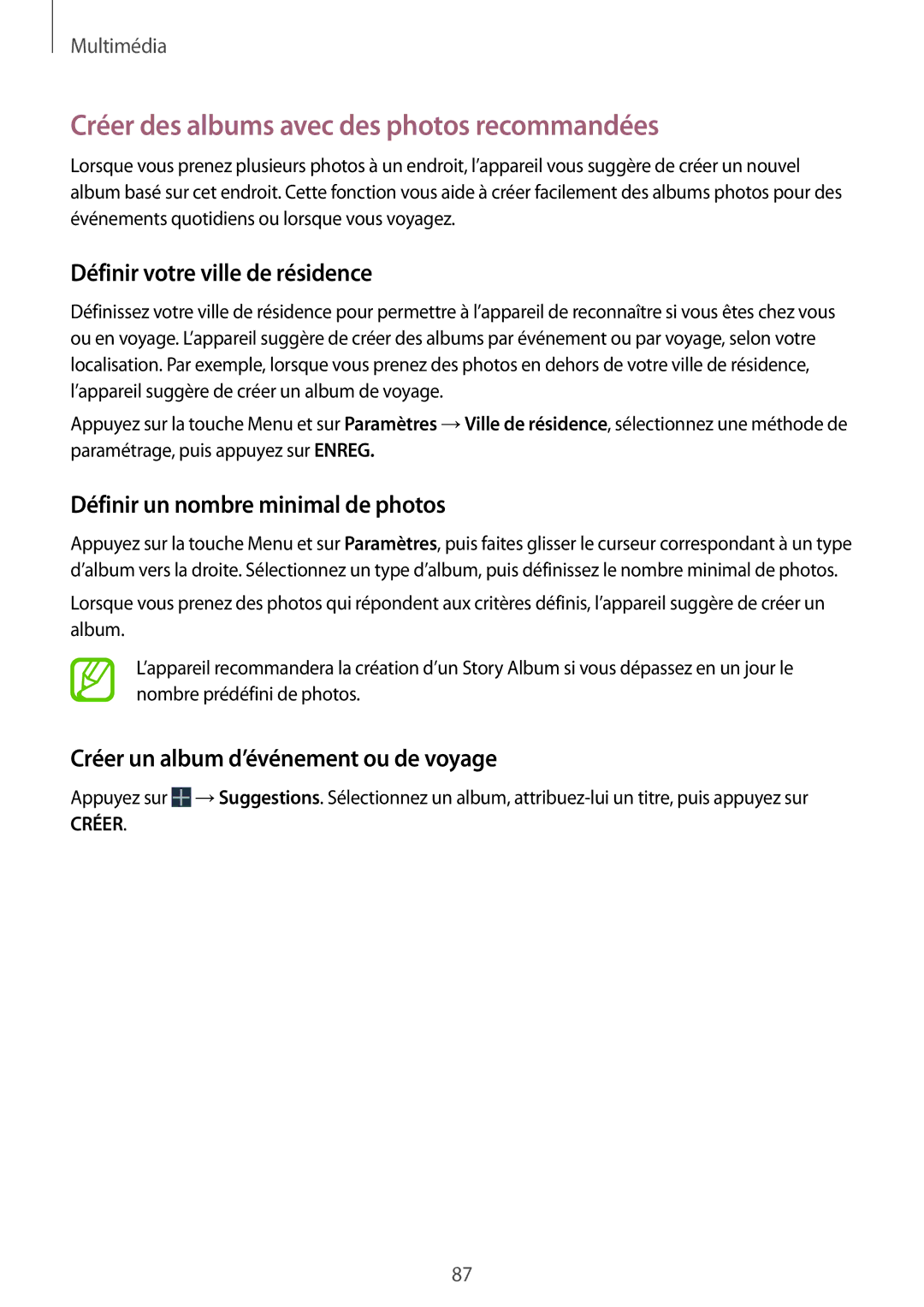 Samsung GT-I9295ZAAXEF manual Créer des albums avec des photos recommandées, Définir votre ville de résidence 