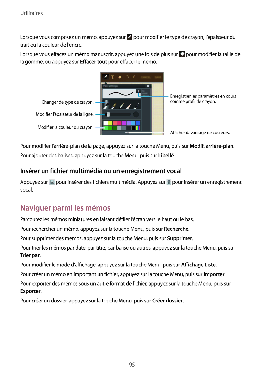 Samsung GT-I9295ZAAXEF manual Naviguer parmi les mémos, Insérer un fichier multimédia ou un enregistrement vocal 