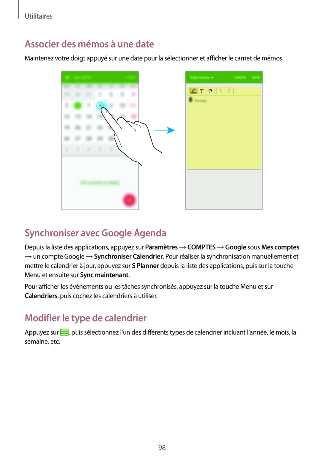Samsung GT-I9295ZAAXEF Associer des mémos à une date, Synchroniser avec Google Agenda, Modifier le type de calendrier 